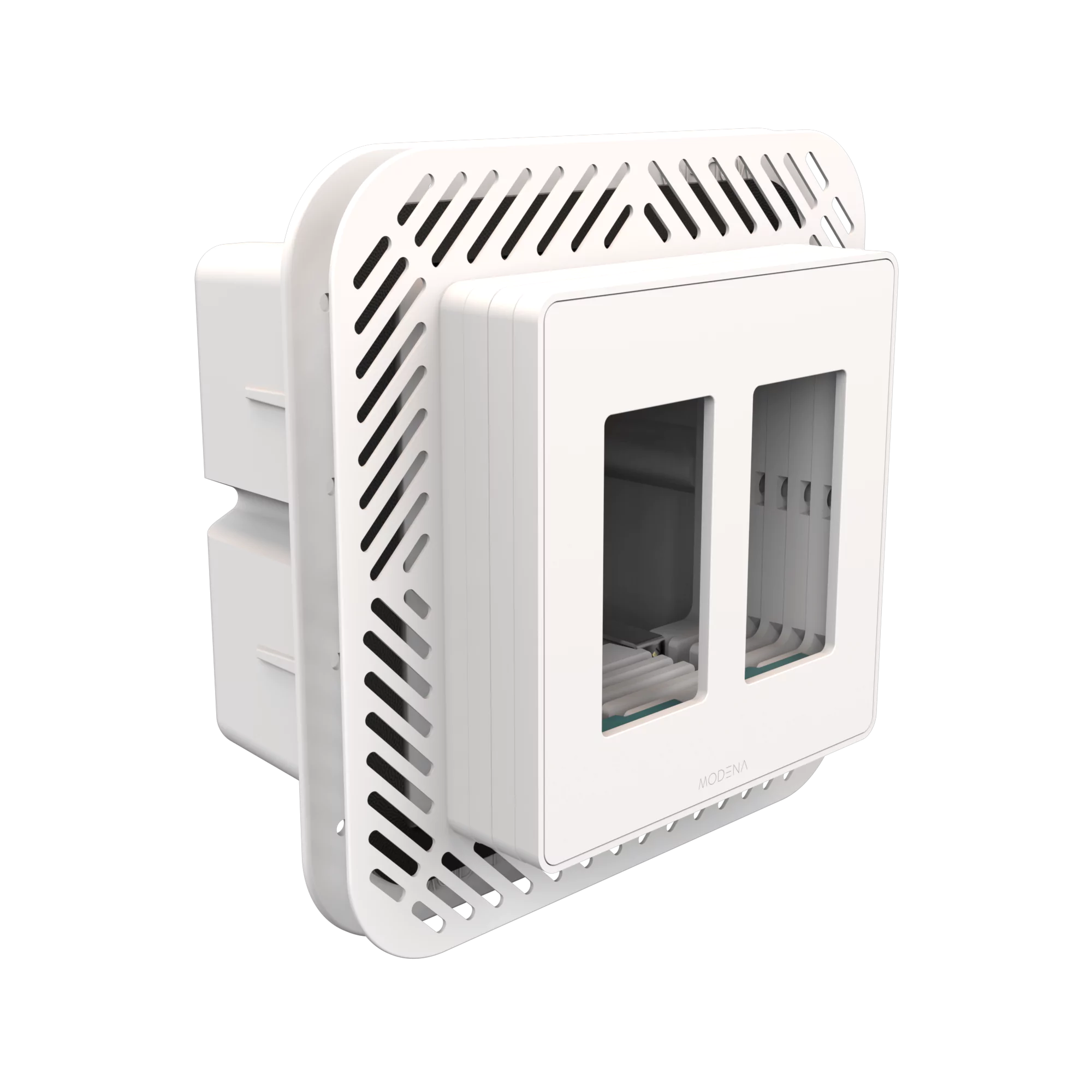 Angle view of CONCEAL 2-gang flush mount system with gasket for Decora switches and outlets in 1-1 1/4 inch solid surfaces