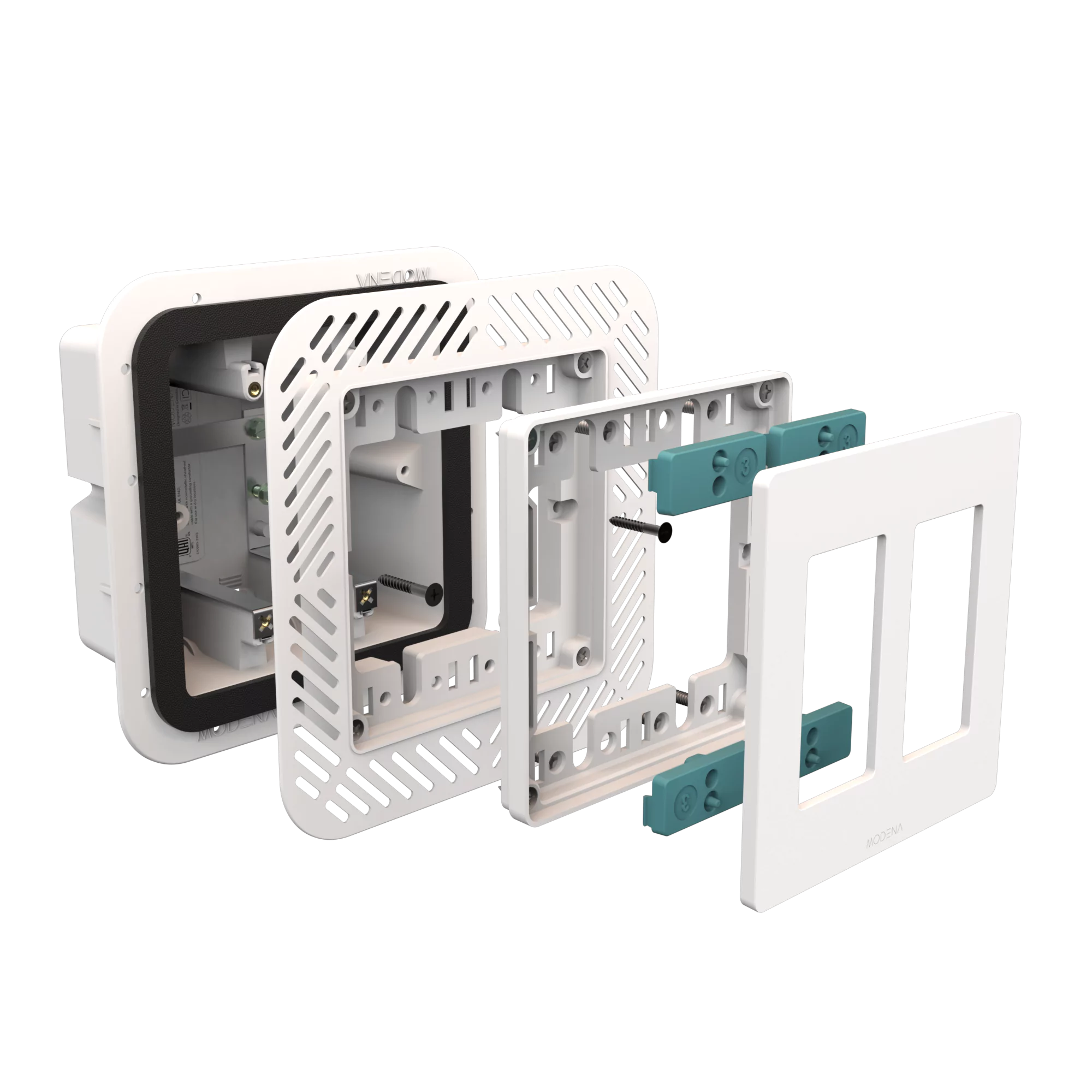 Exploded view of CONCEAL 2-gang flush mount system with gasket for Decora switches and outlets in 1/4-1/2 inch solid surfaces