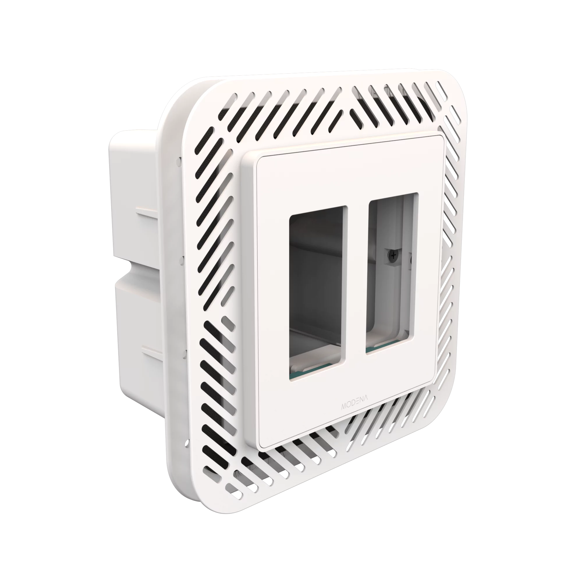 Angle view of CONCEAL 2-gang flush mount system with gasket for Decora switches and outlets in 1/4-1/2 inch solid surfaces