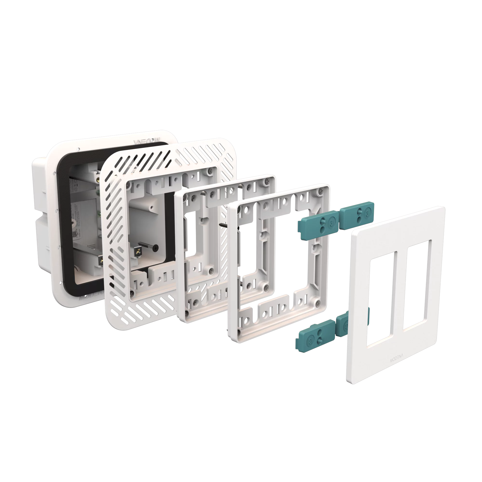 Exploded view of CONCEAL 2-gang flush mount system with gasket for Decora switches and outlets in 1/2-3/4 inch solid surfaces