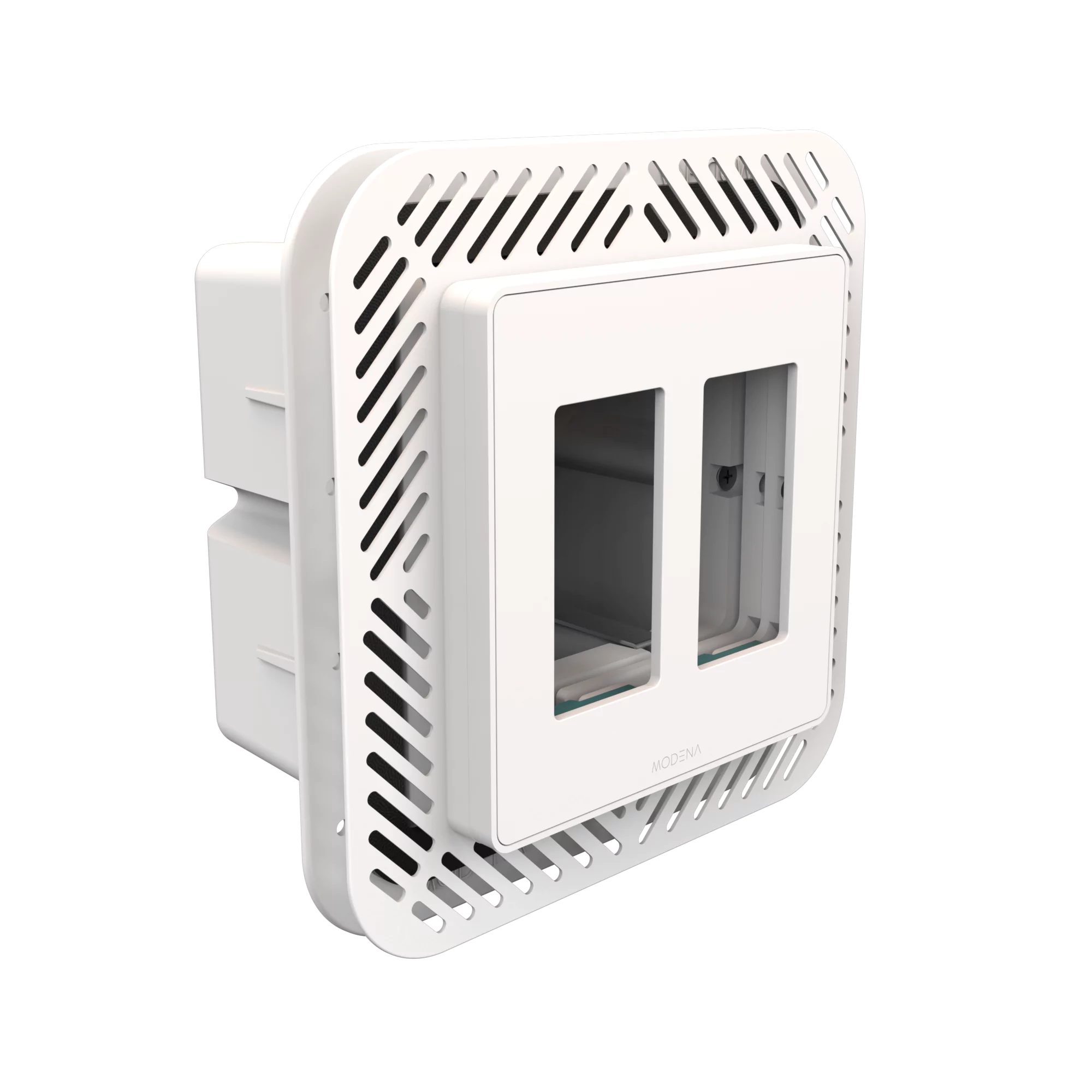 Angle view of CONCEAL 2-gang flush mount system with gasket for Decora switches and outlets in 1/2-3/4 inch solid surfaces