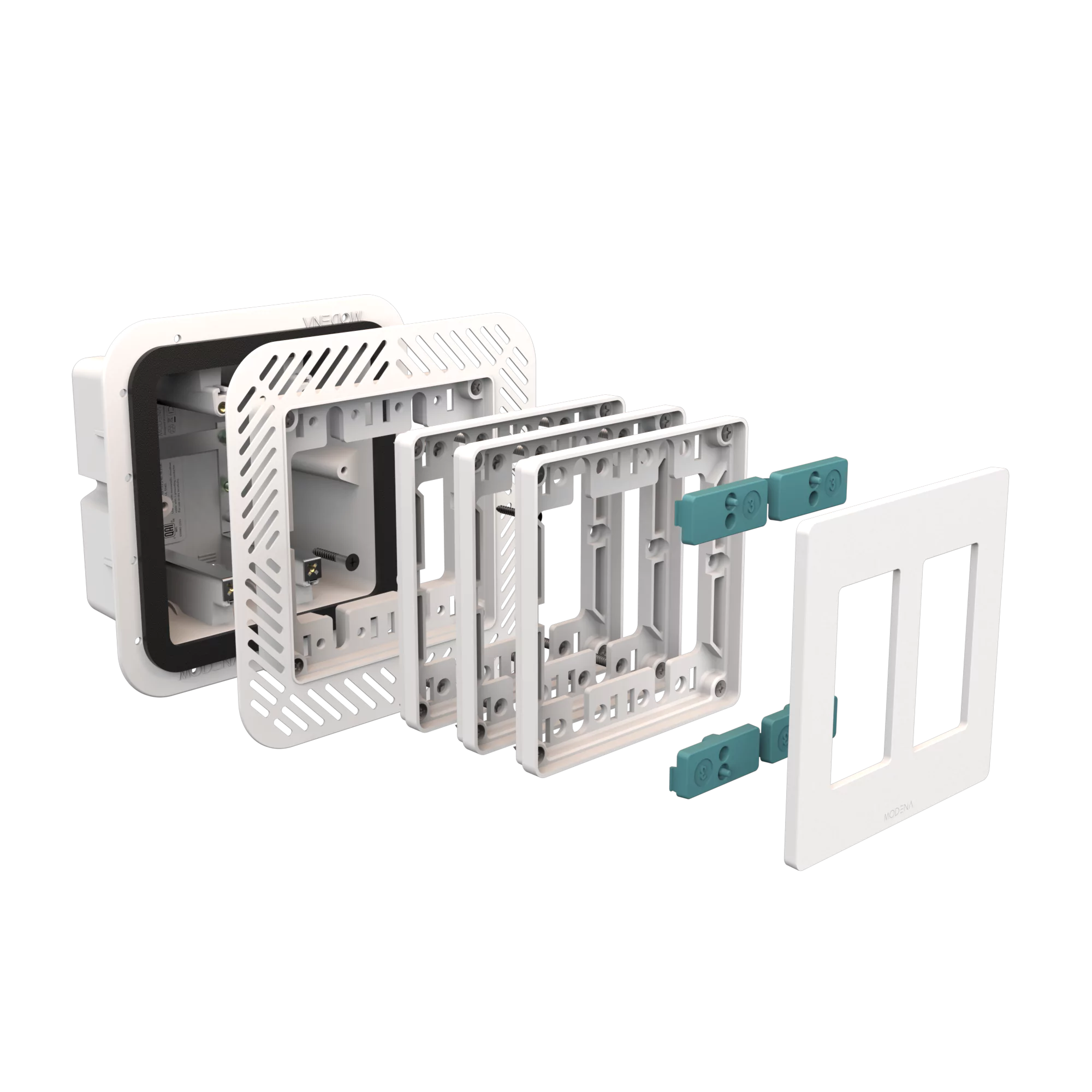 Exploded view of CONCEAL 2-gang flush mount system with gasket for Decora switches and outlets in 3/4-1 inch solid surfaces