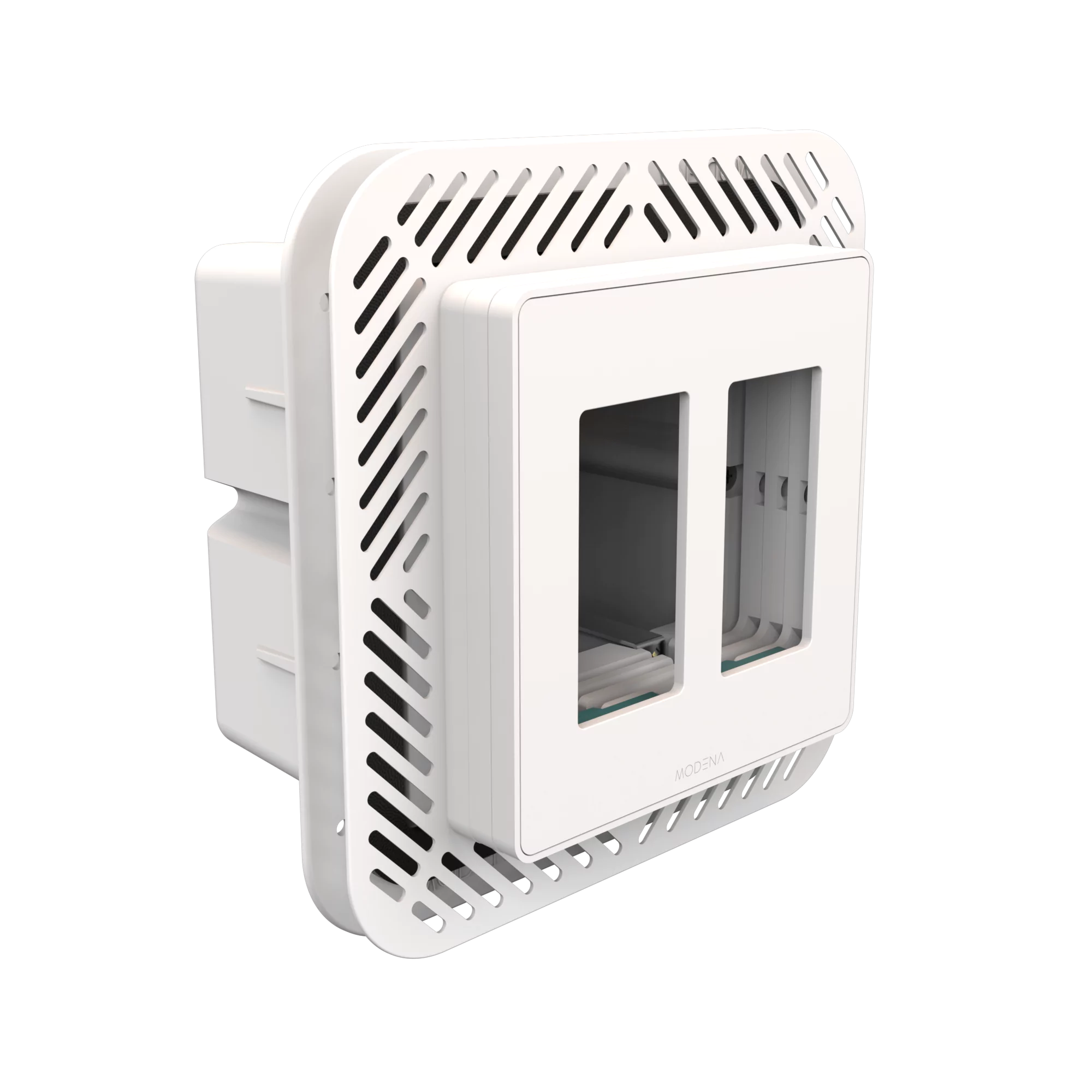 Angle view of CONCEAL 2-gang flush mount system with gasket for Decora switches and outlets in 3/4-1 inch solid surfaces