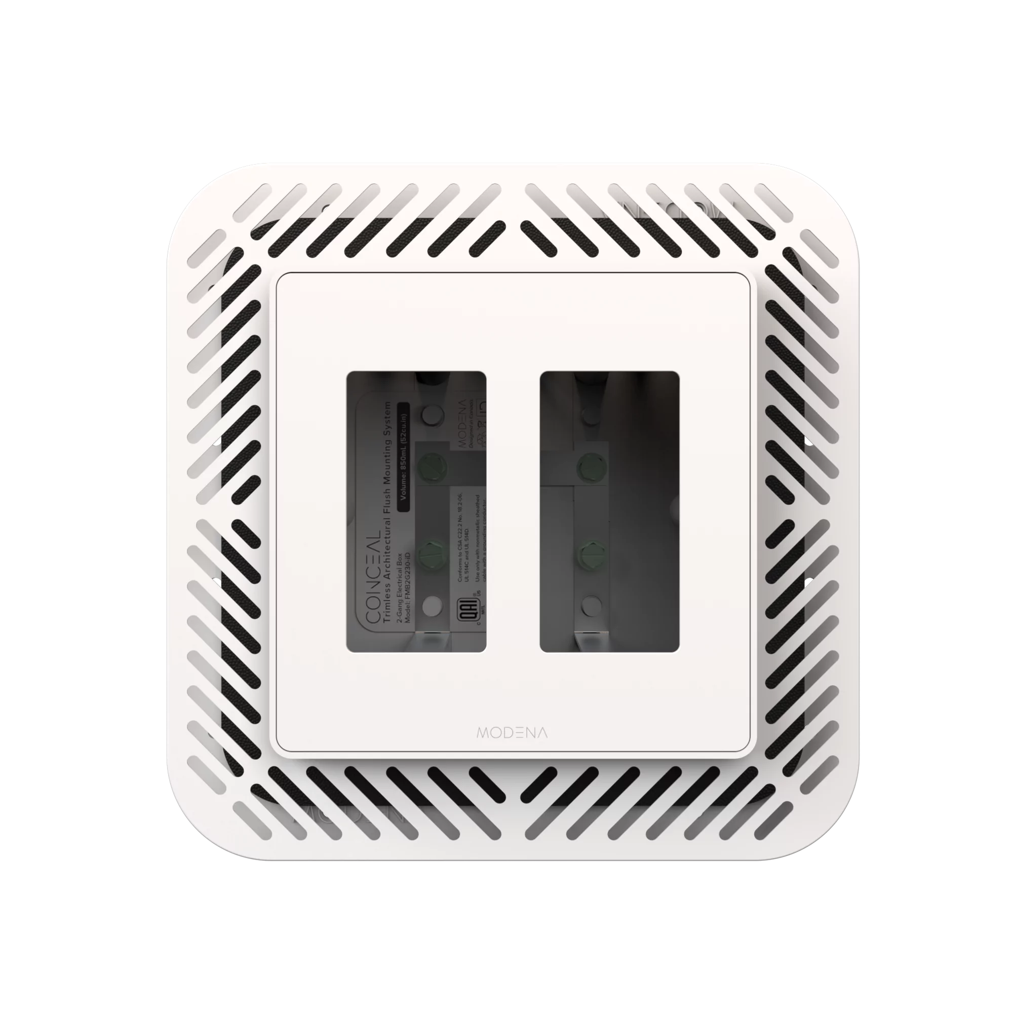 Front view of CONCEAL 2-gang flush mount system with gasket for Decora switches and outlets in solid surfaces
