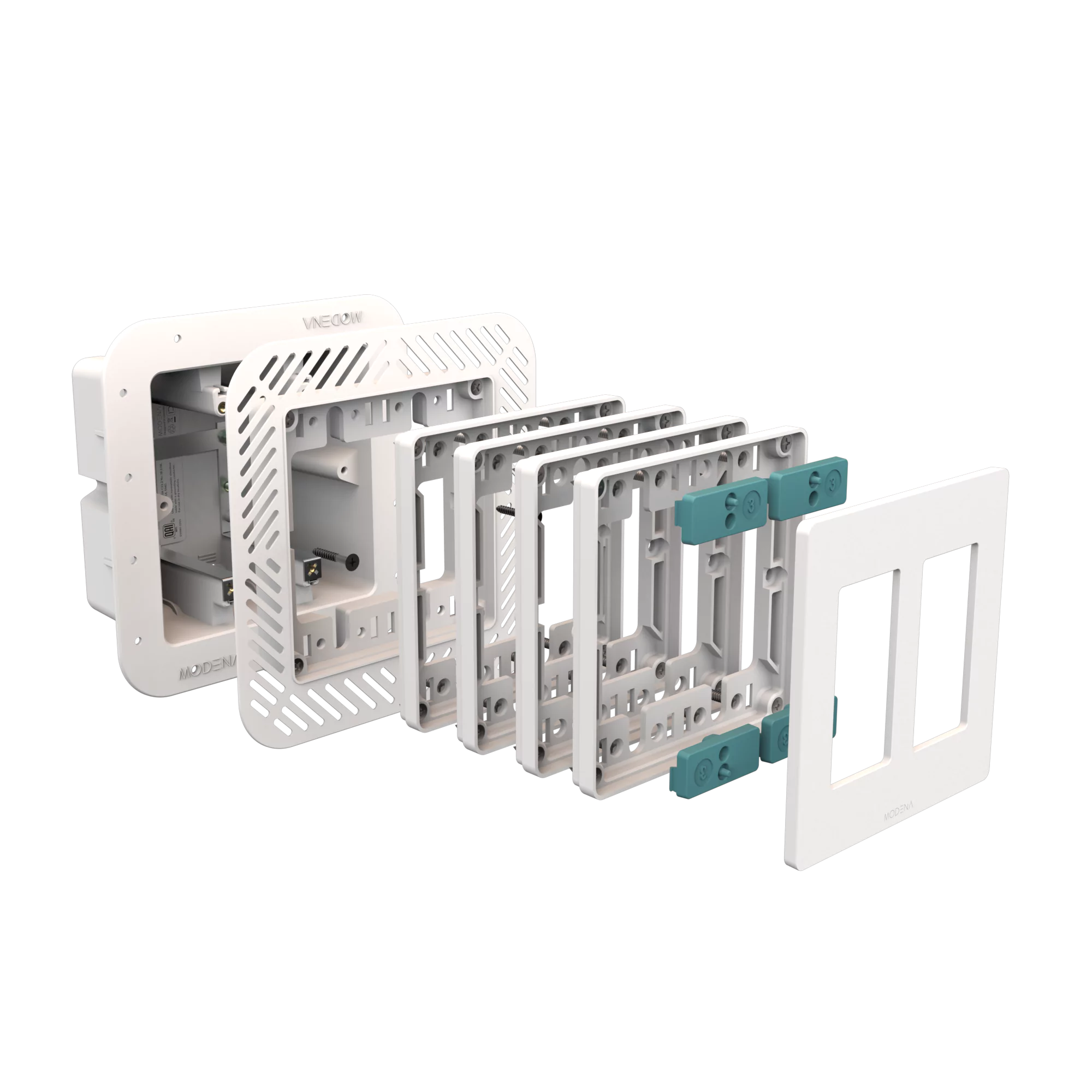 Exploded view of CONCEAL 2-gang flush mount system for Decora switches and outlets in 1-1 1/4 inch solid surfaces