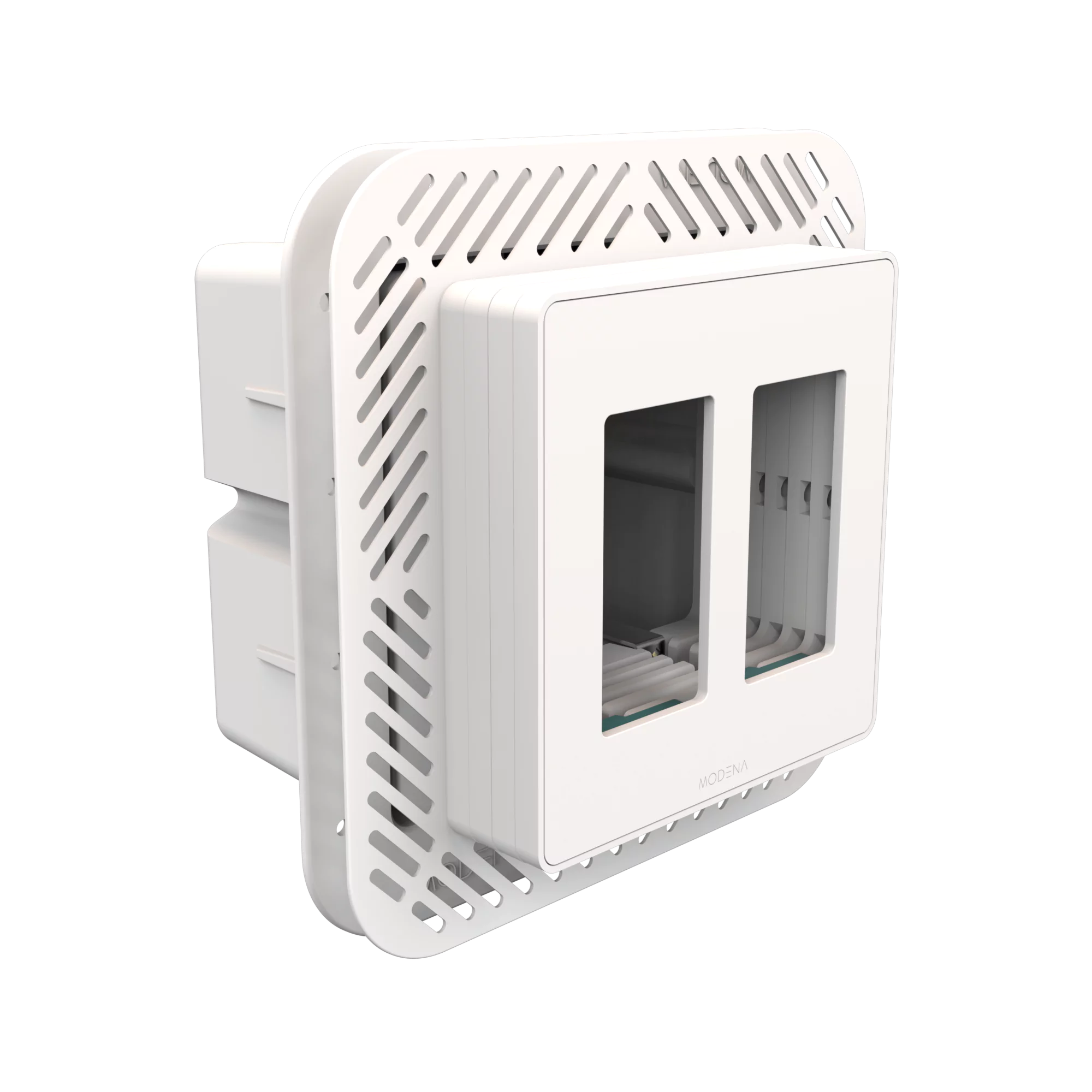 Angle view of CONCEAL 2-gang flush mount system for Decora switches and outlets in 1-1 1/4 inch solid surfaces