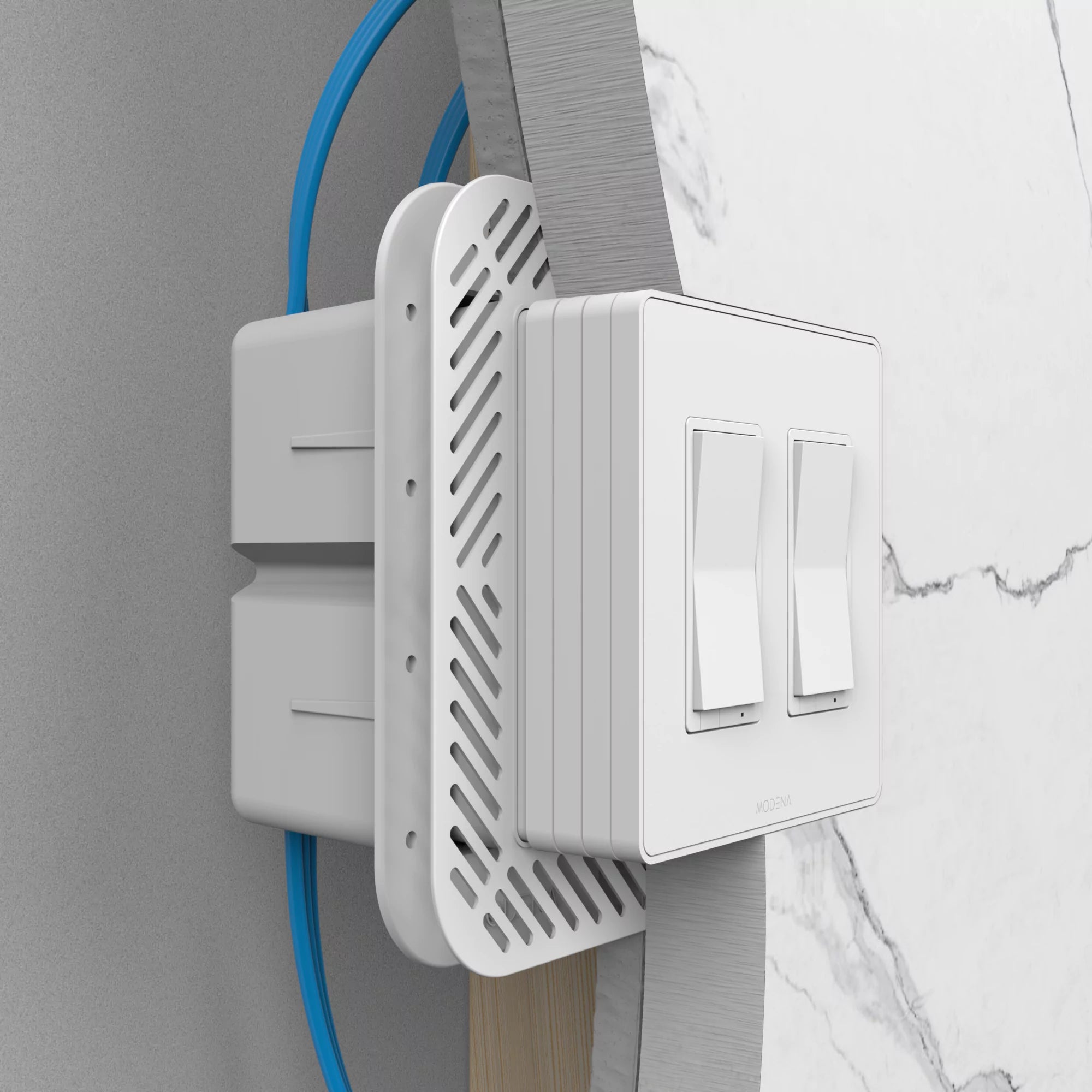 Cross-sectioned view of CONCEAL 2-gang flush mount system for Decora switches and outlets installed in 1 inch solid surface
