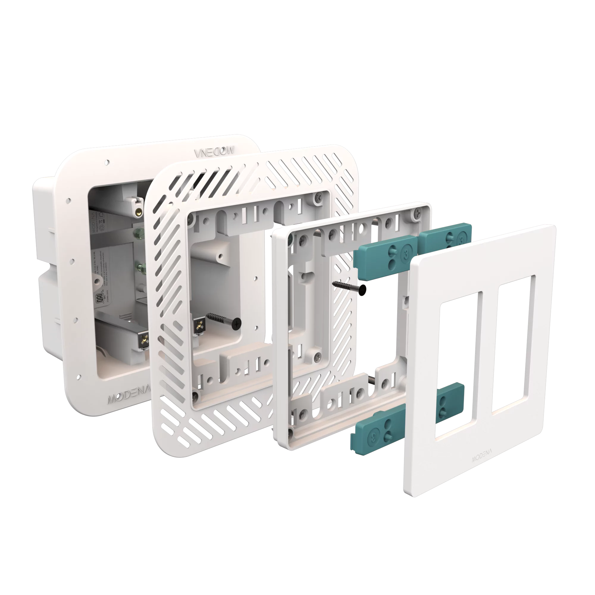 Exploded view of CONCEAL 2-gang flush mount system for Decora switches and outlets in 1/4-1/2 inch solid surfaces
