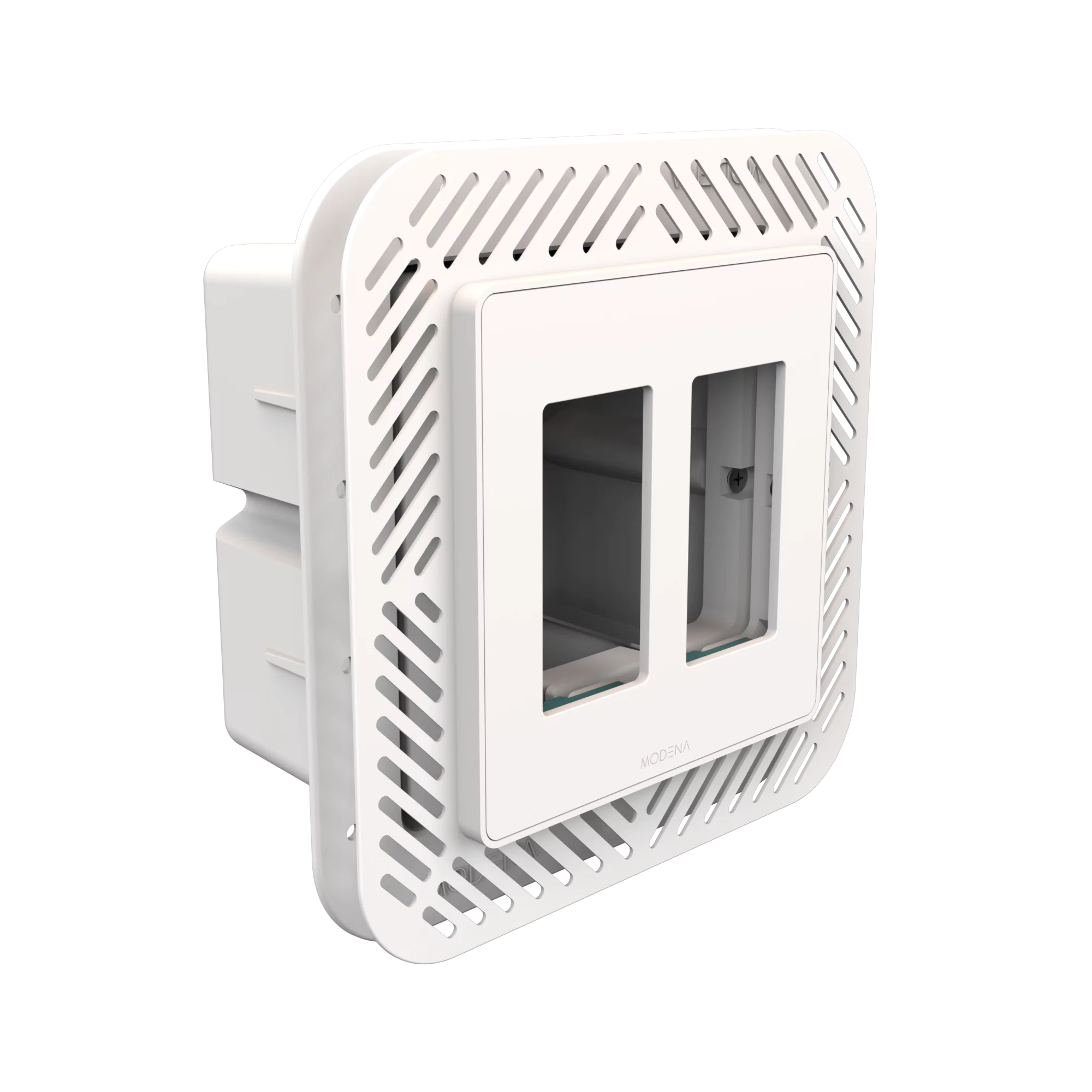 Angle view of CONCEAL 2-gang flush mount system for Decora switches and outlets in 1/4-1/2 inch solid surfaces
