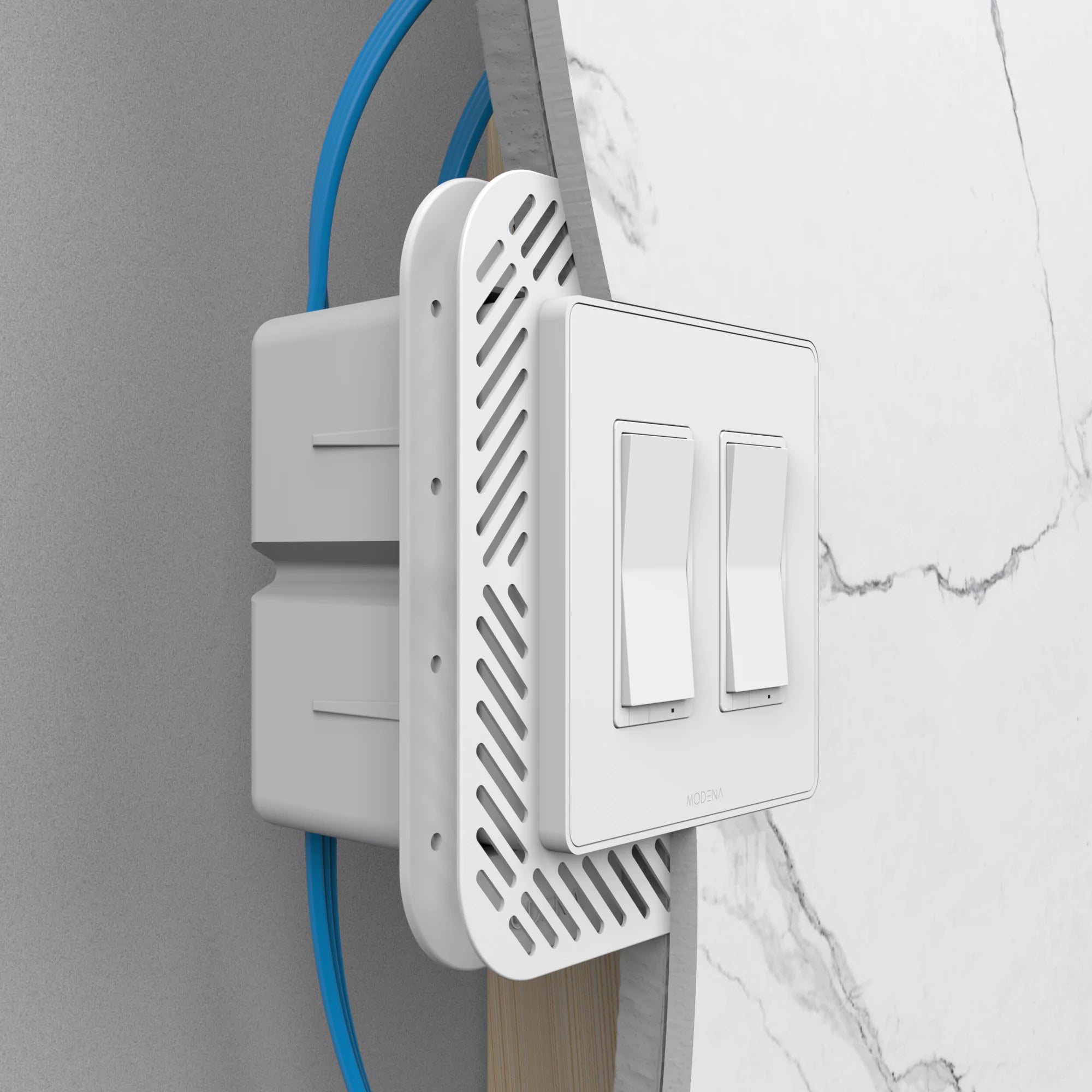 Cross-sectioned view of CONCEAL 2-gang flush mount system for Decora switches and outlets installed in 1/4 inch solid surface