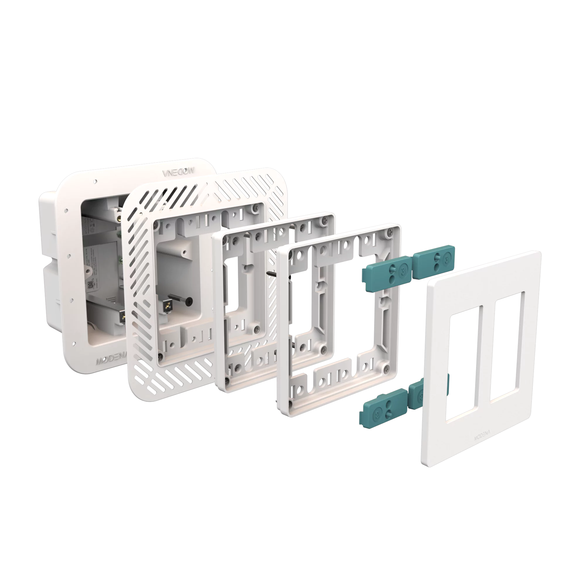 Exploded view of CONCEAL 2-gang flush mount system for Decora switches and outlets in 1/2-3/4 inch solid surfaces