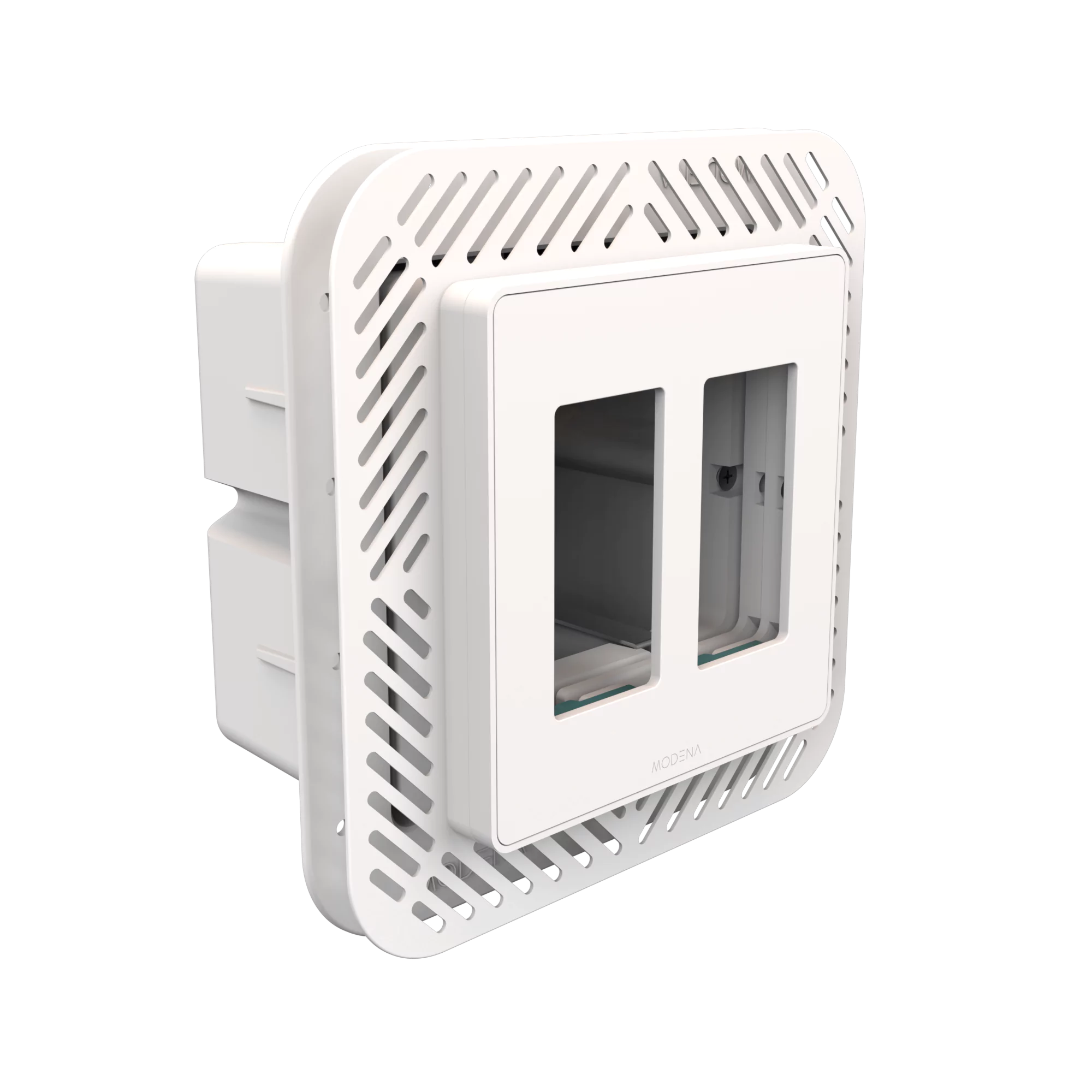 Angle view of CONCEAL 2-gang flush mount system for Decora switches and outlets in 1/2-3/4 inch solid surfaces