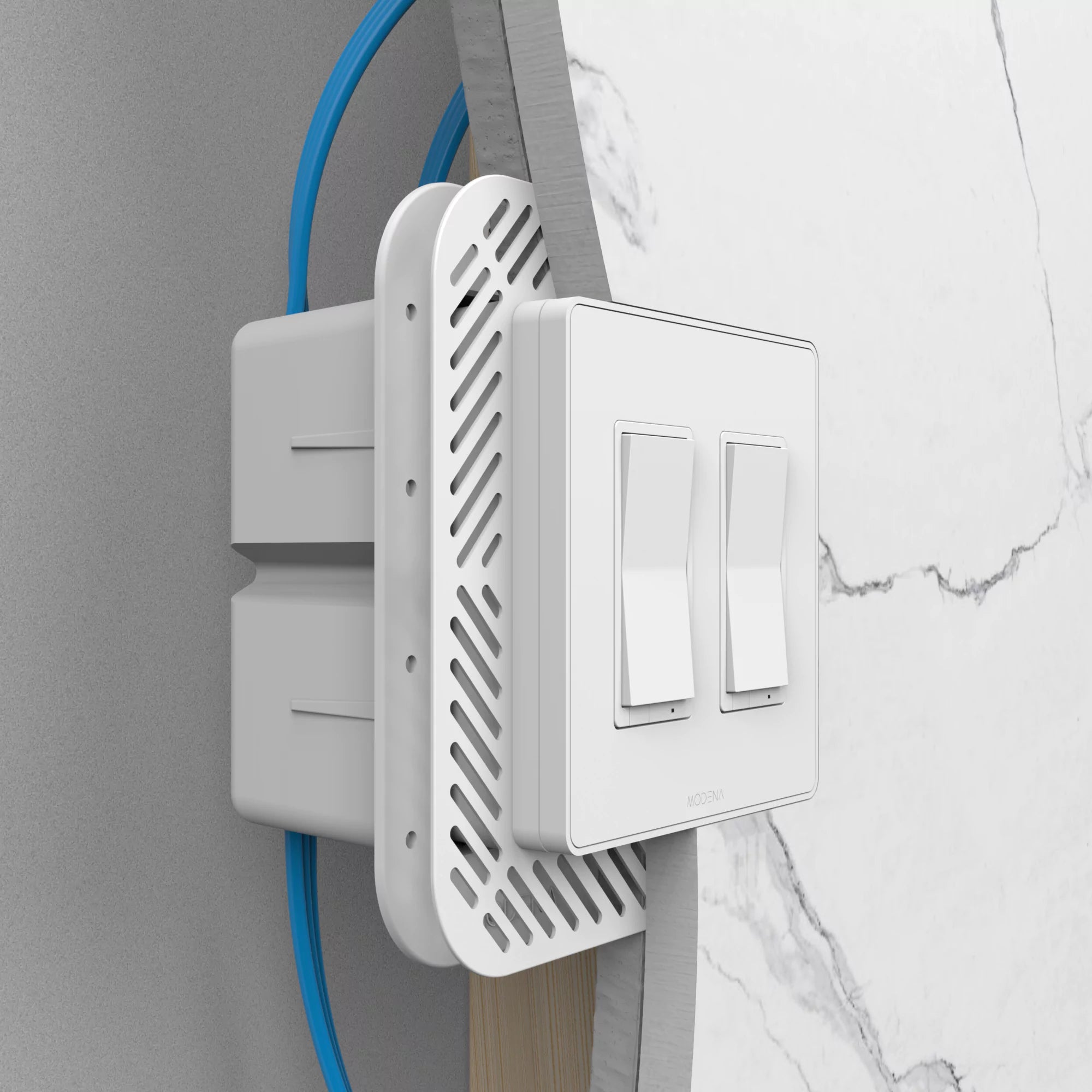 Cross-sectioned view of CONCEAL 2-gang flush mount system for Decora switches and outlets installed in 1/2 inch solid surface