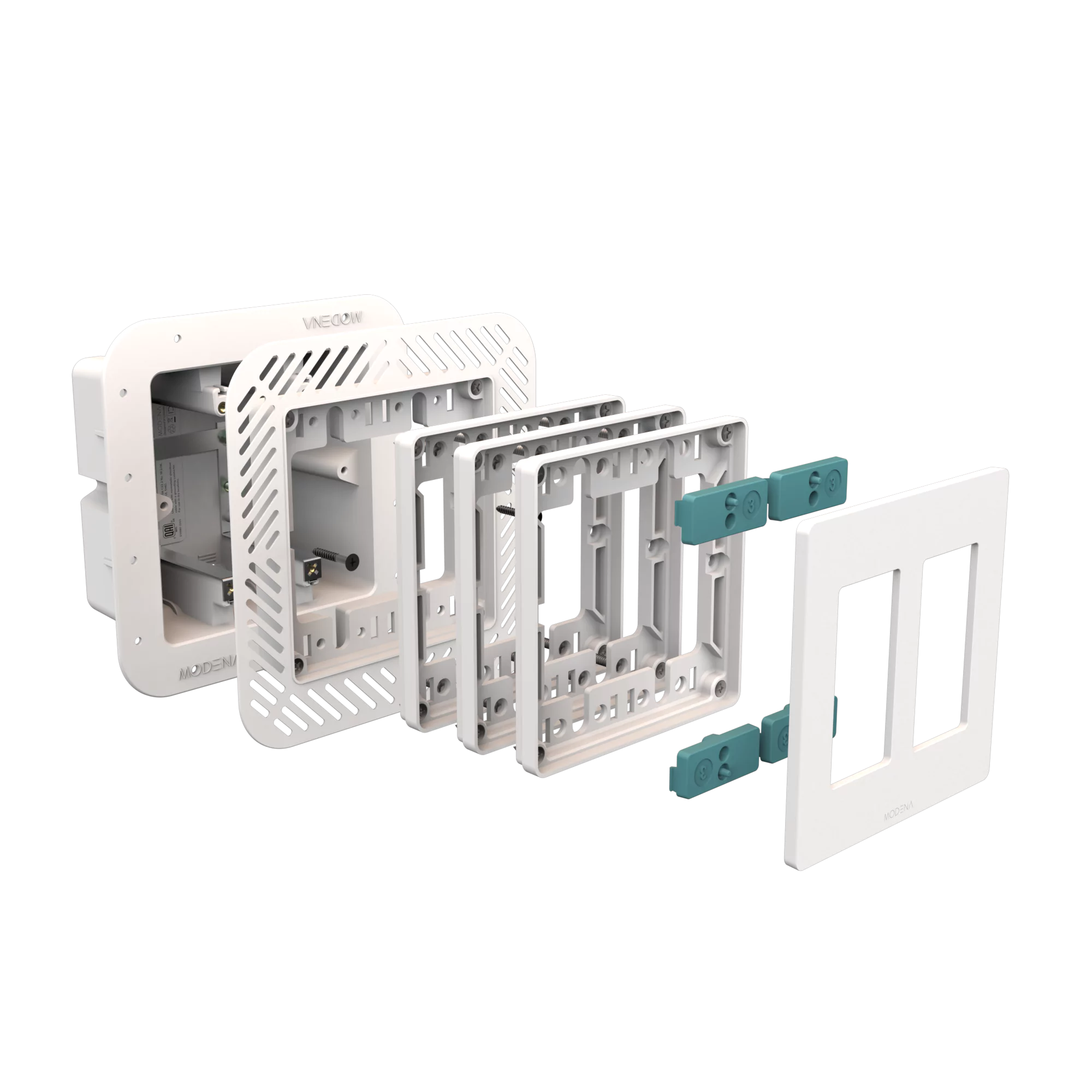 Exploded view of CONCEAL 2-gang flush mount system for Decora switches and outlets in 3/4-1 inch solid surfaces
