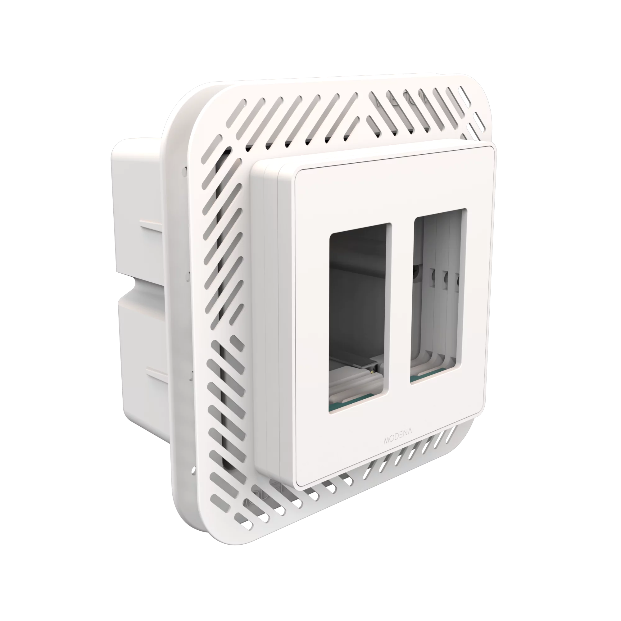 Angle view of CONCEAL 2-gang flush mount system for Decora switches and outlets in 3/4-1 inch solid surfaces