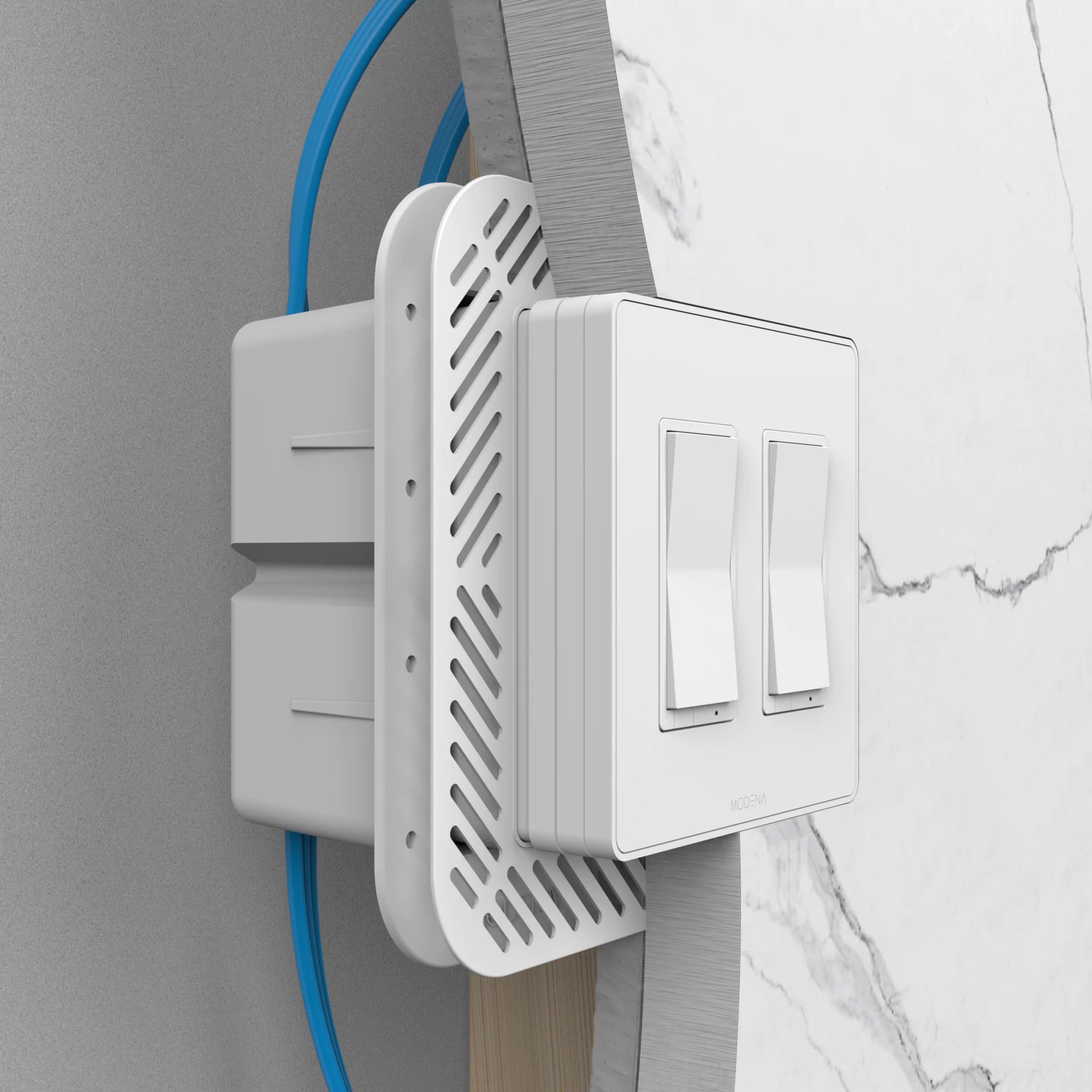 Cross-sectioned view of CONCEAL 2-gang flush mount system for Decora switches and outlets installed in 3/4 inch solid surface