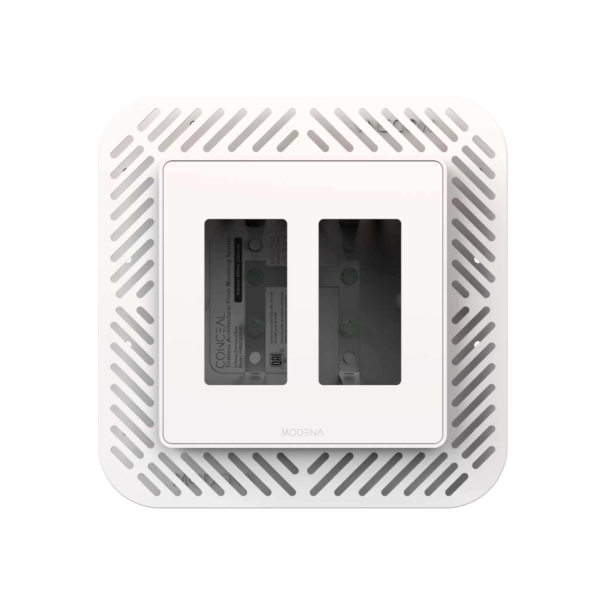 Front view of CONCEAL 2-gang flush mount system for Decora switches and outlets in solid surfaces