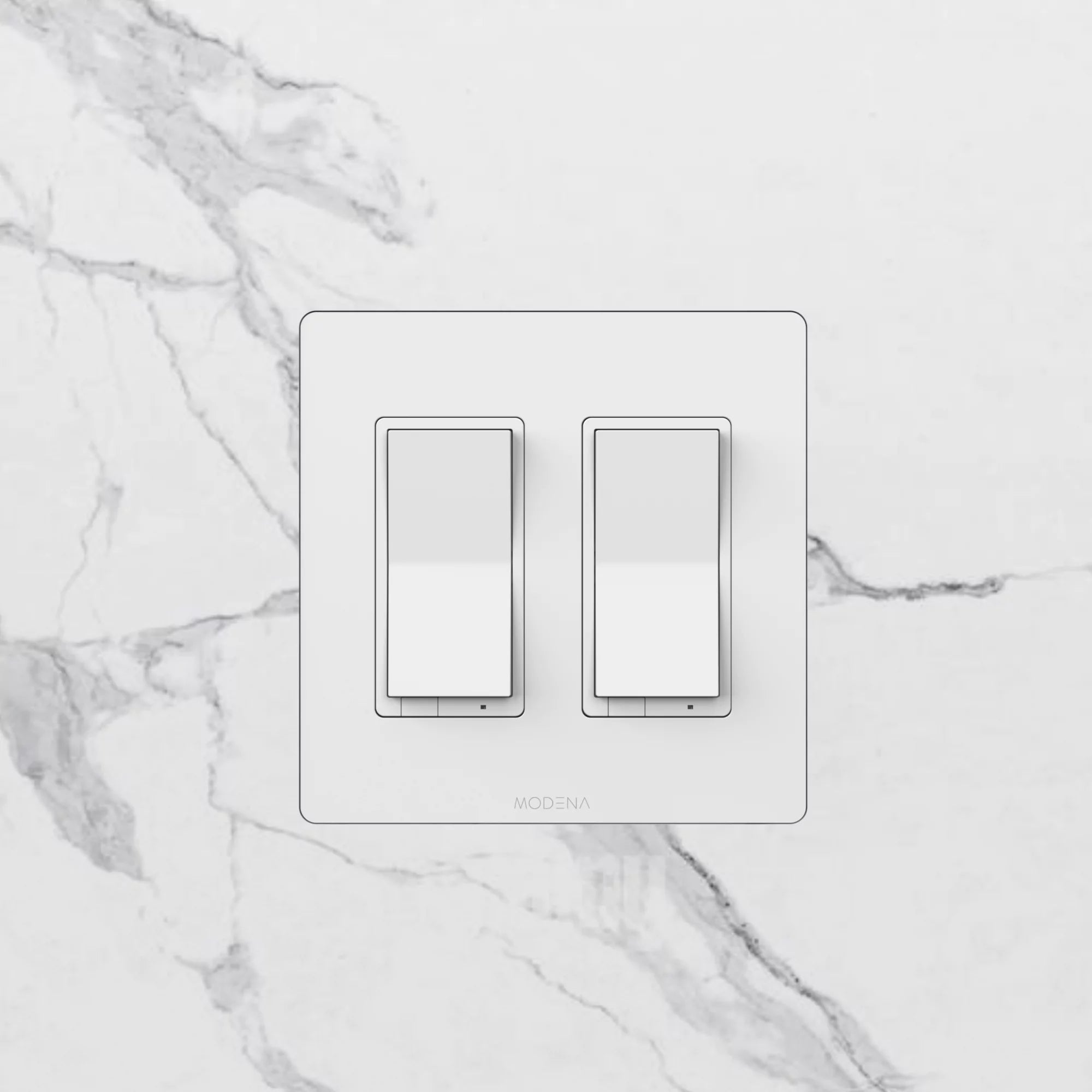 Front view of CONCEAL 2-gang flush mount system for Decora switches and outlets installed in solid surface