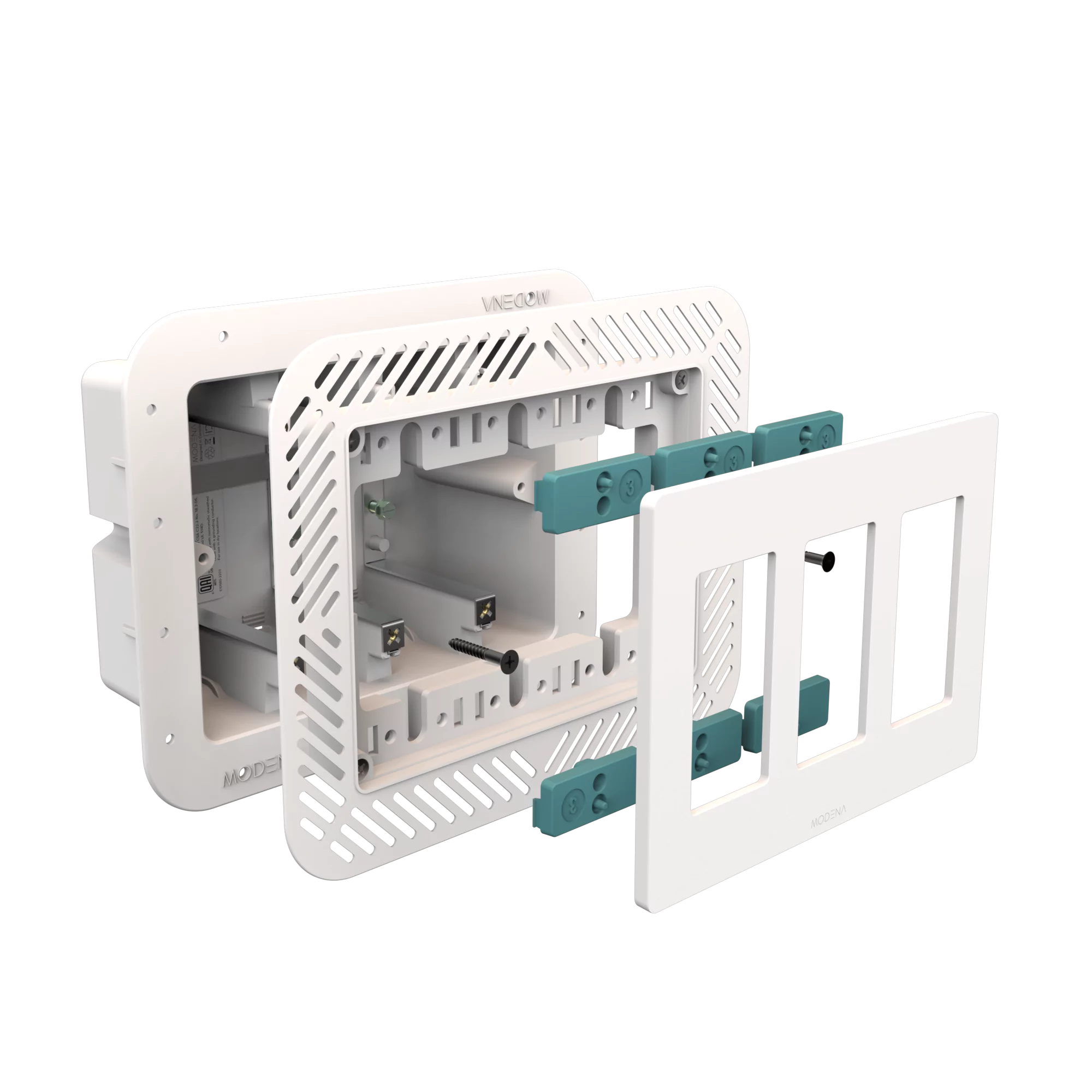 Exploded view of CONCEAL 3-gang flush mount system for Decora switches and outlets in drywall surfaces