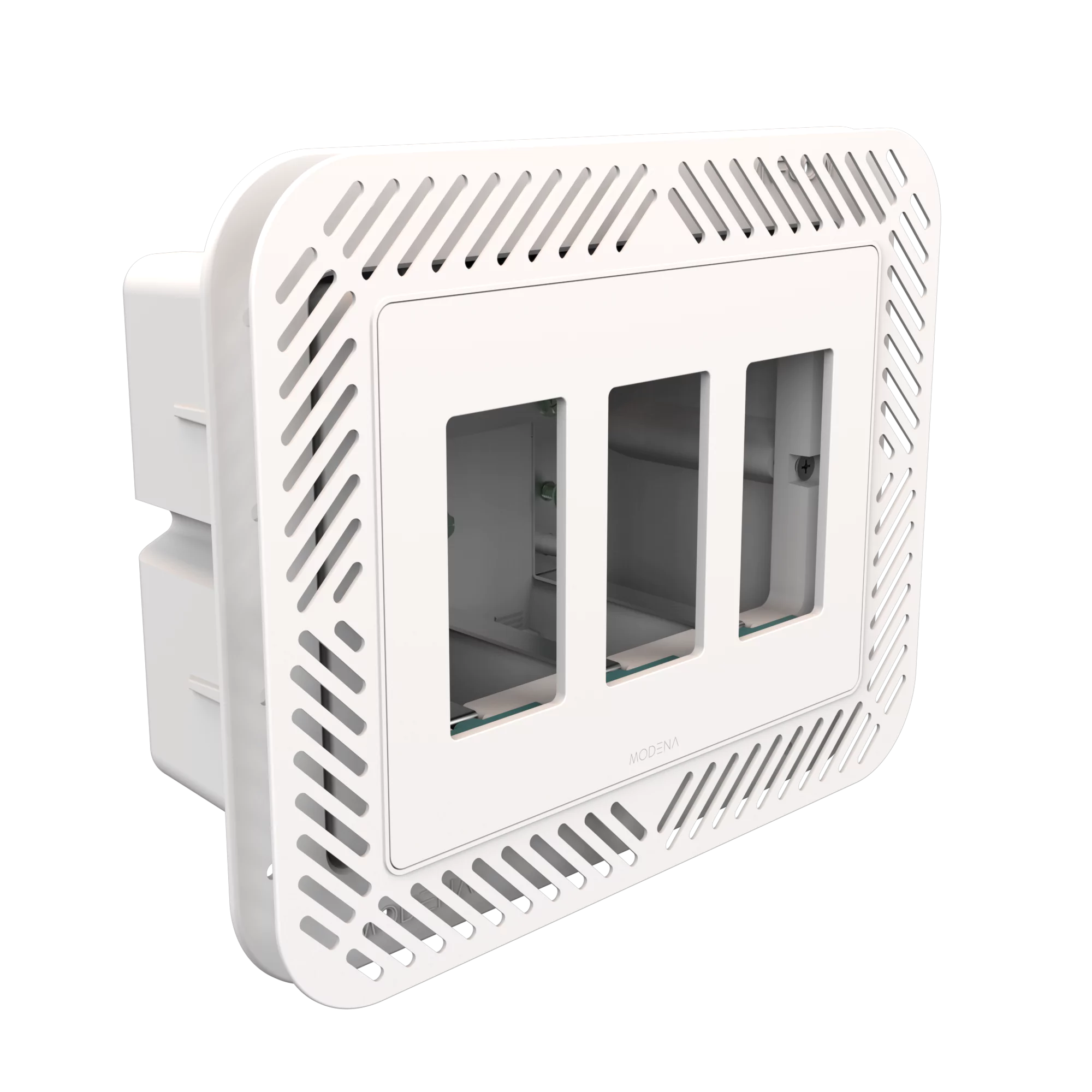 Angle view of CONCEAL 3-gang flush mount system for Decora switches and outlets in drywall surfaces