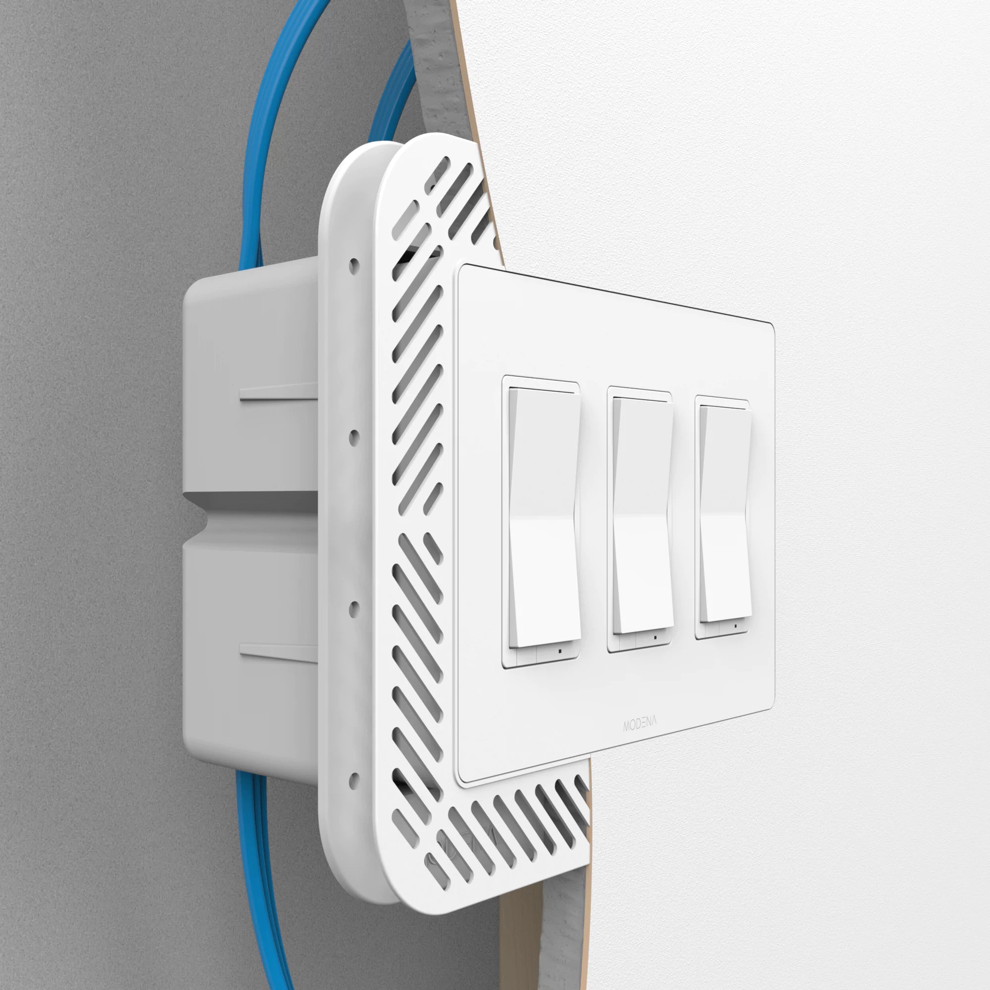 Cross-sectioned view of CONCEAL 3-gang flush mount system for Decora switches and outlets installed in drywall