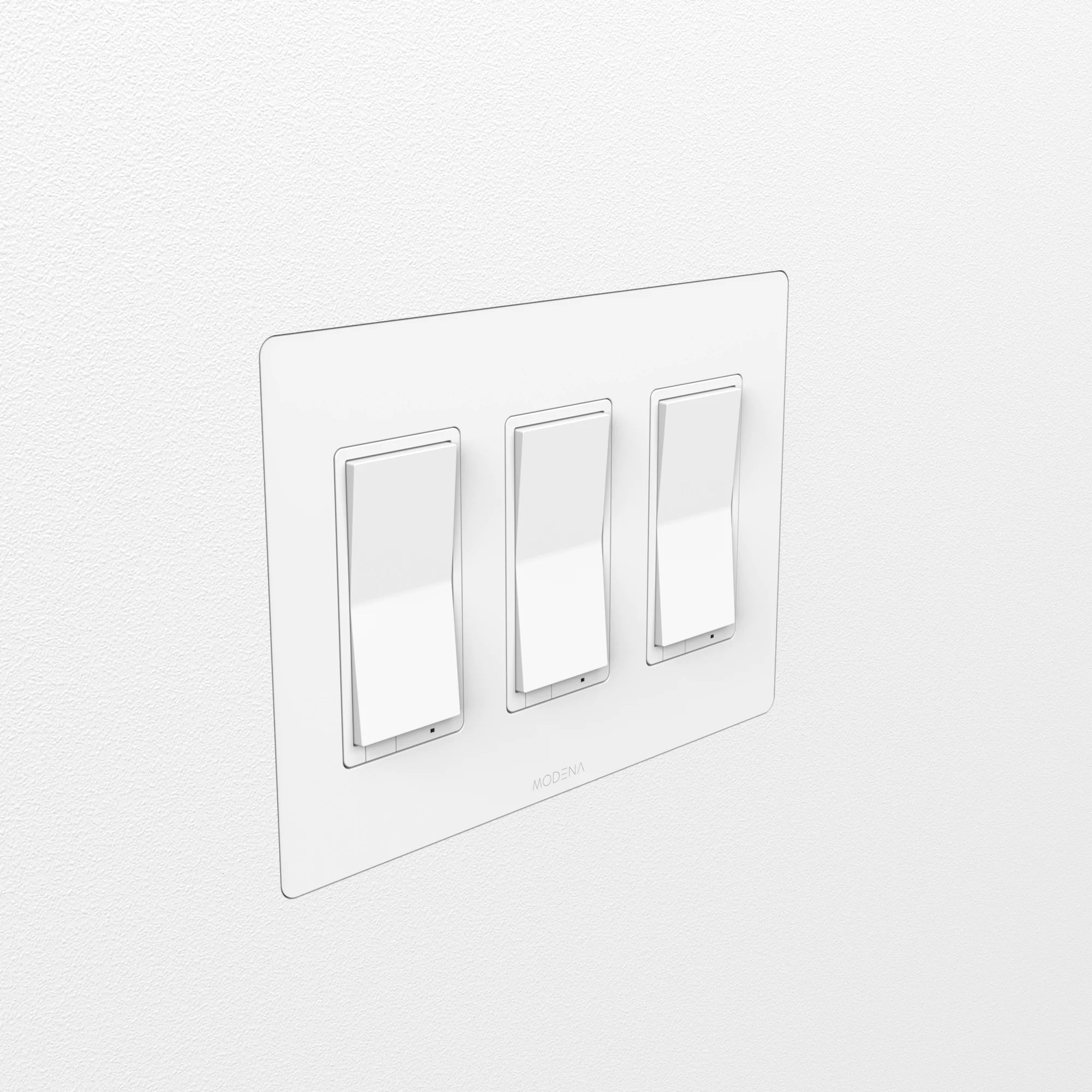 Angle view of CONCEAL 3-gang flush mount system for Decora switches and outlets installed in drywall
