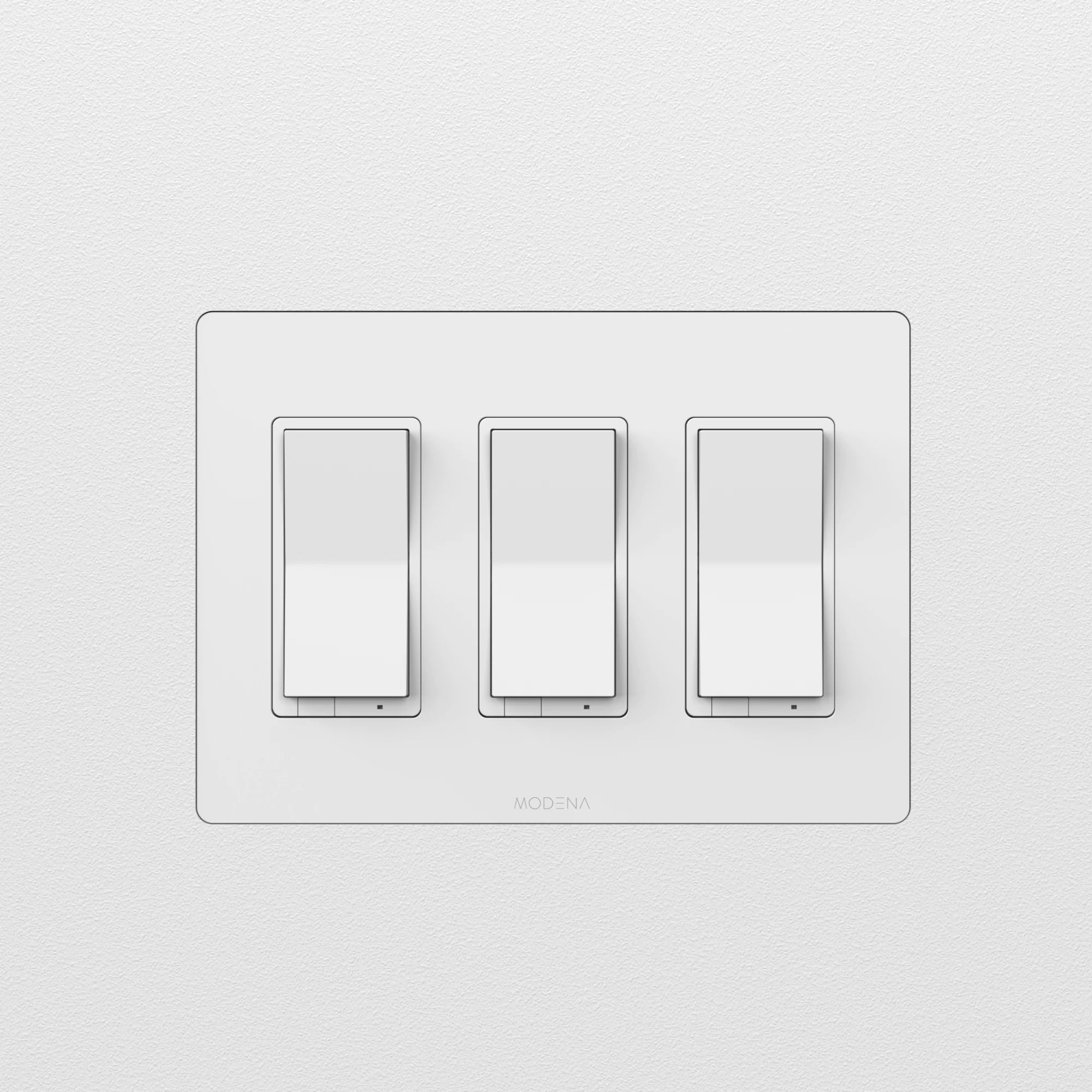 Front view of CONCEAL 3-gang flush mount system for Decora switches and outlets installed in drywall