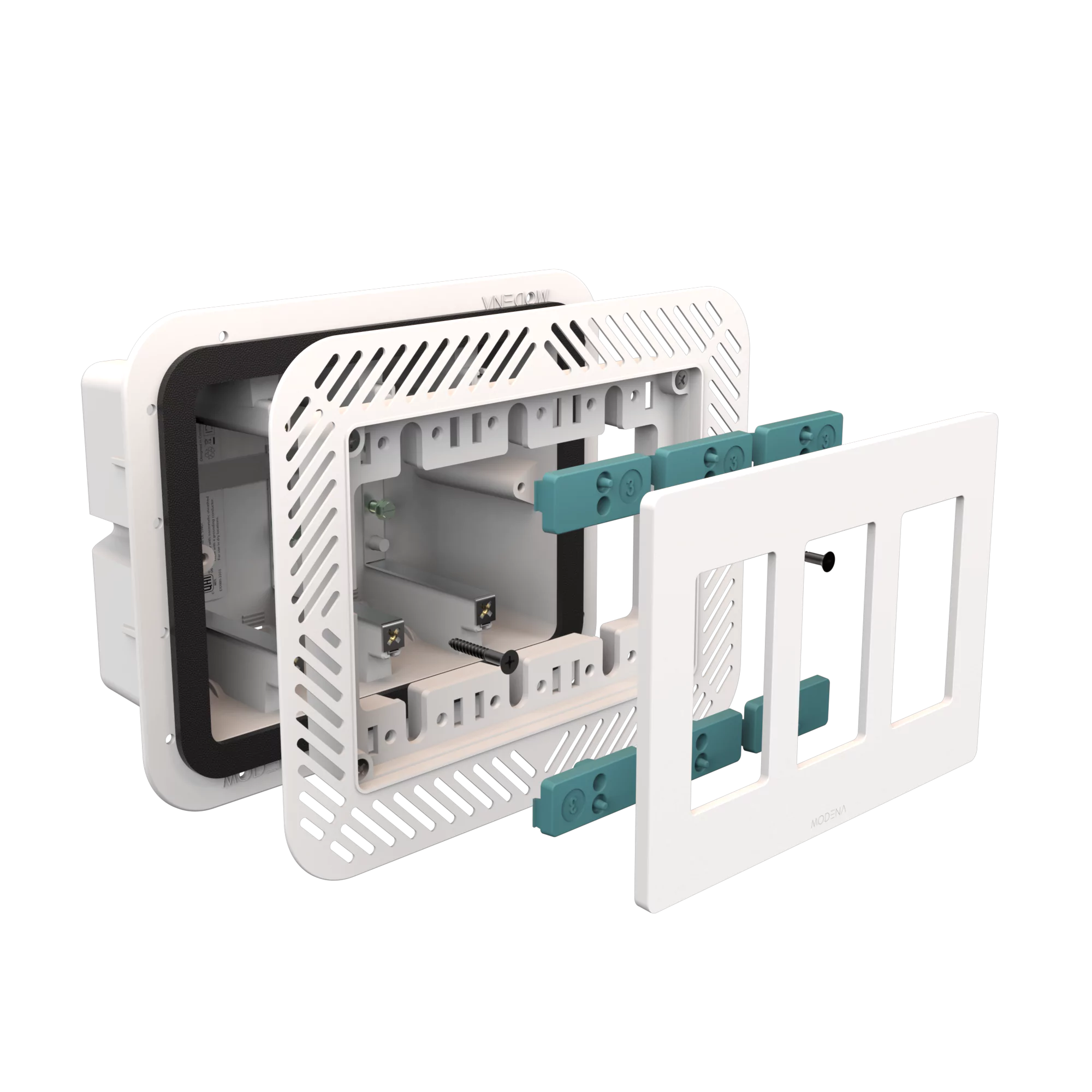 Exploded view of CONCEAL 3-gang flush mount system with gasket for Decora switches and outlets in drywall surfaces