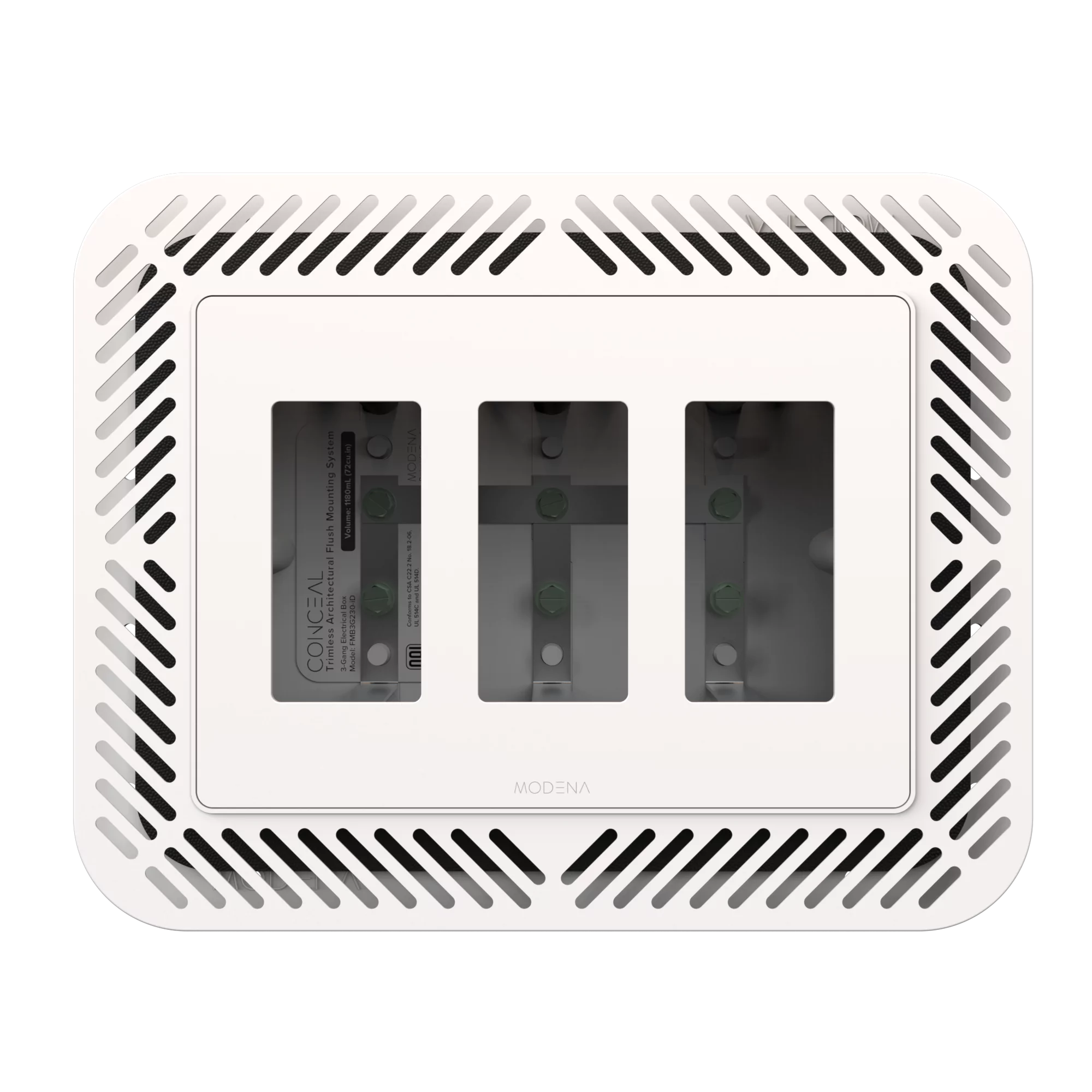 Front view of CONCEAL 3-gang flush mount system with gasket for Decora switches and outlets in drywall surfaces