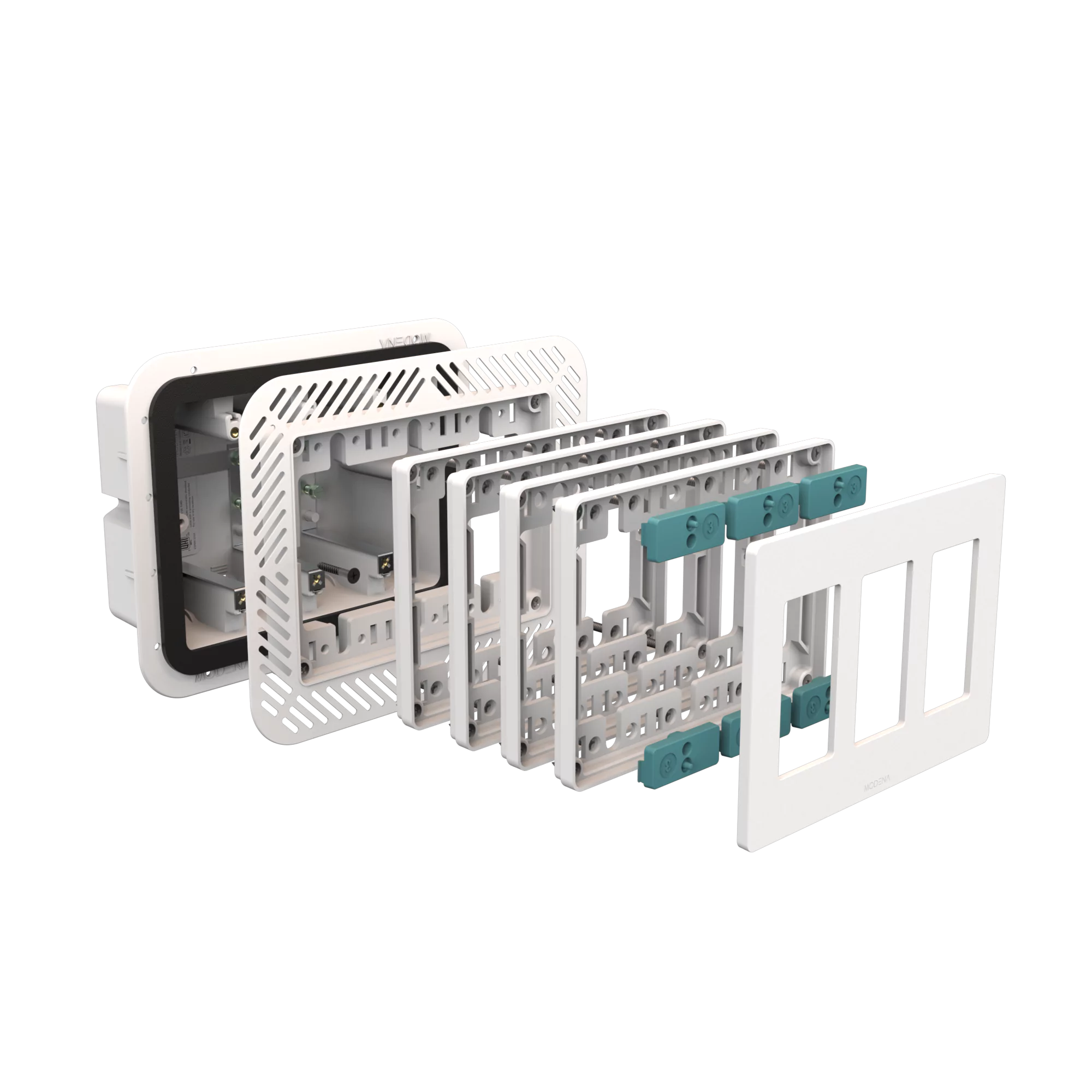 Exploded view of CONCEAL 3-gang flush mount system with gasket for Decora switches and outlets in 1-1 1/4 inch solid surfaces
