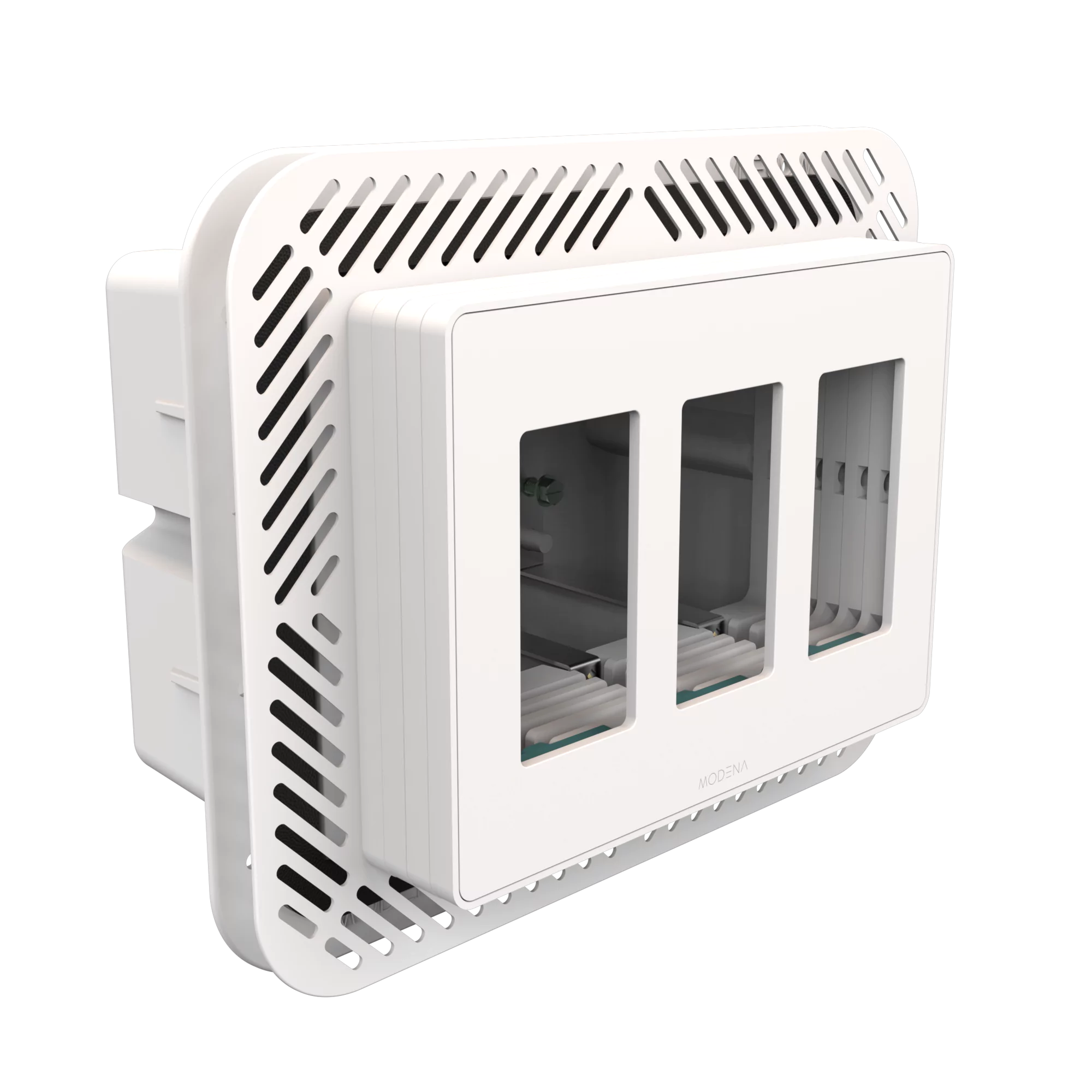 Angle view of CONCEAL 3-gang flush mount system with gasket for Decora switches and outlets in 1-1 1/4 inch solid surfaces