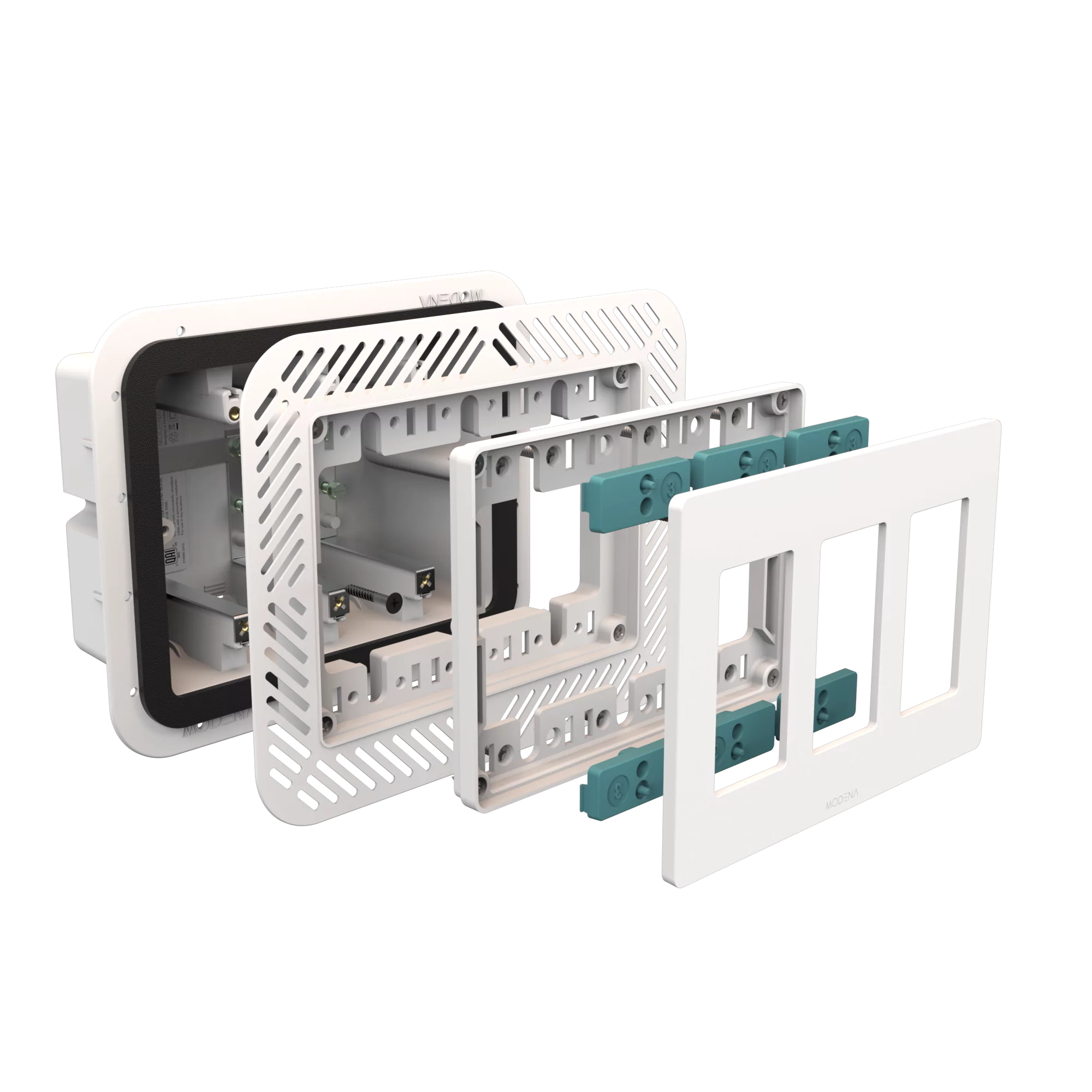 Exploded view of CONCEAL 3-gang flush mount system with gasket for Decora switches and outlets in 1/4-1/2 inch solid surfaces