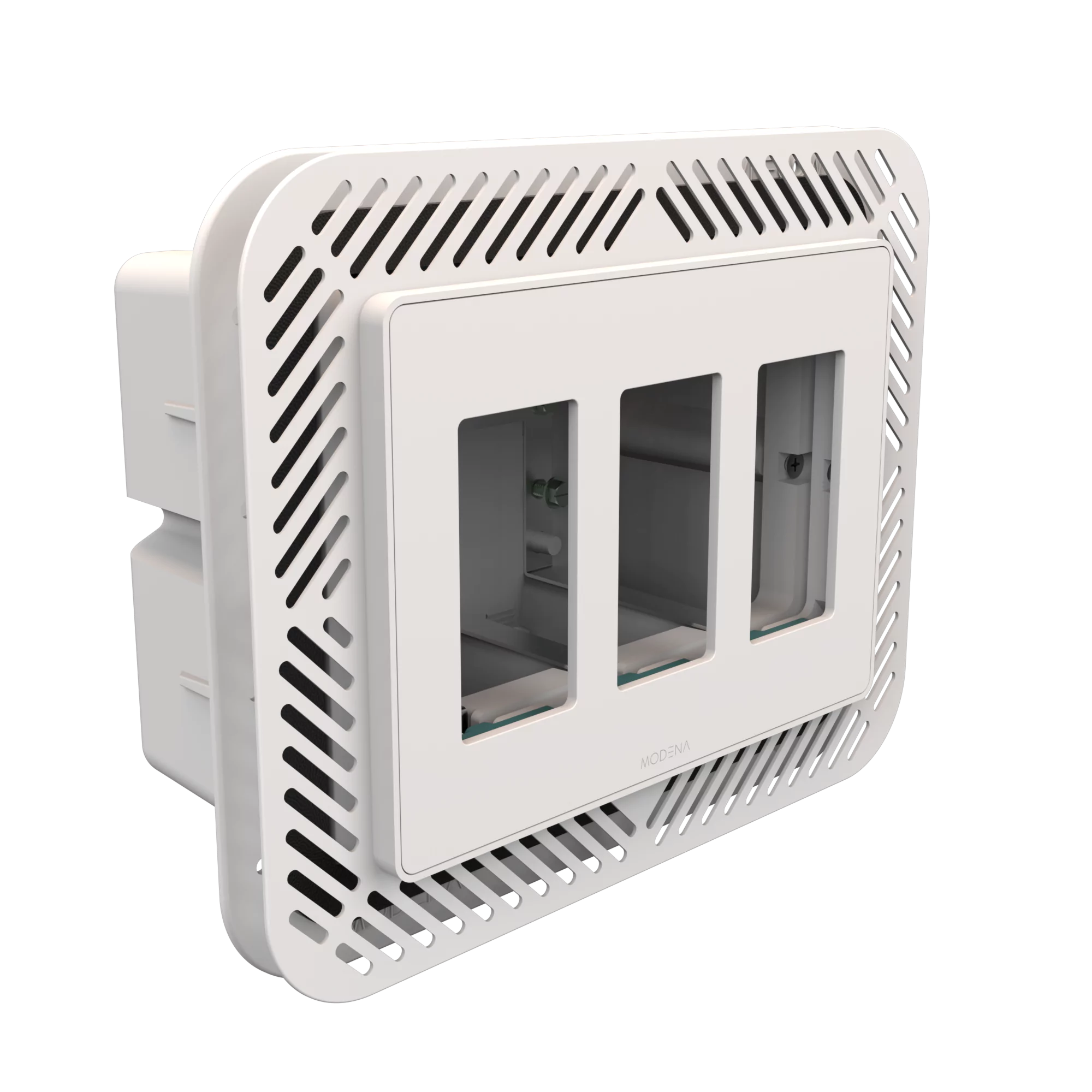 Angle view of CONCEAL 3-gang flush mount system with gasket for Decora switches and outlets in 1/4-1/2 inch solid surfaces