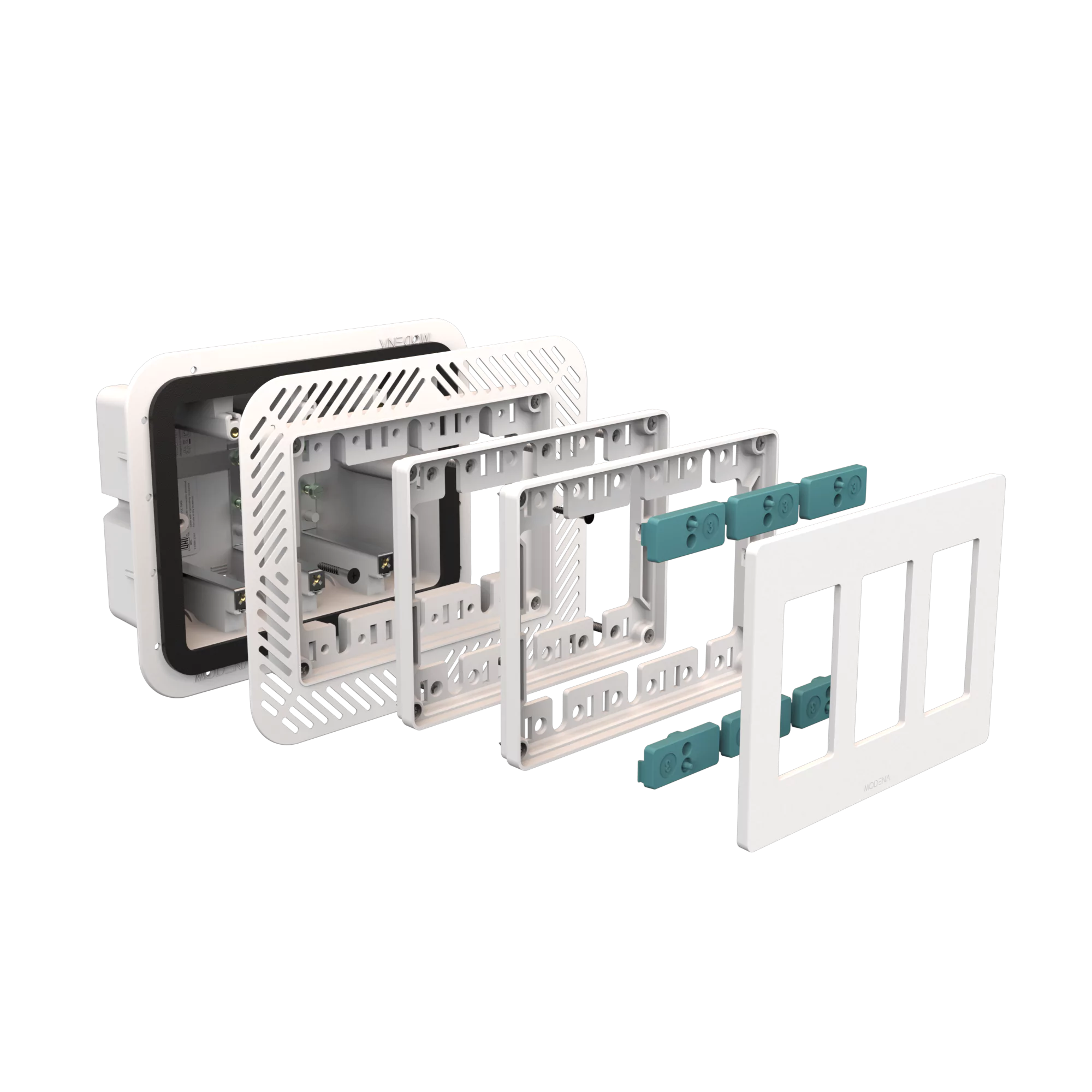 Exploded view of CONCEAL 3-gang flush mount system with gasket for Decora switches and outlets in 1/2-3/4 inch solid surfaces
