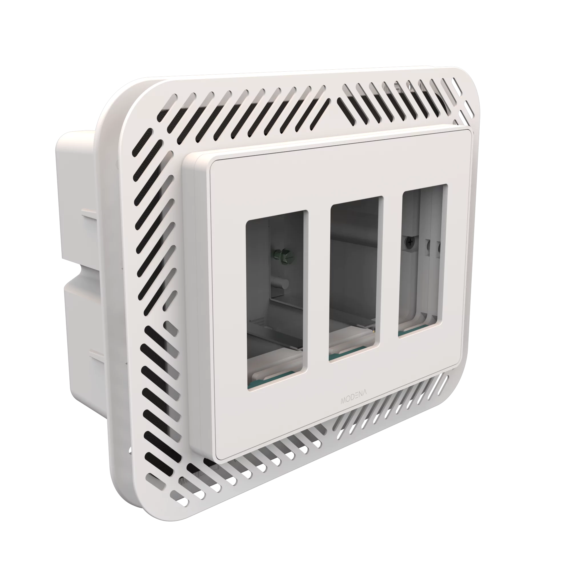 Angle view of CONCEAL 3-gang flush mount system with gasket for Decora switches and outlets in 1/2-3/4 inch solid surfaces