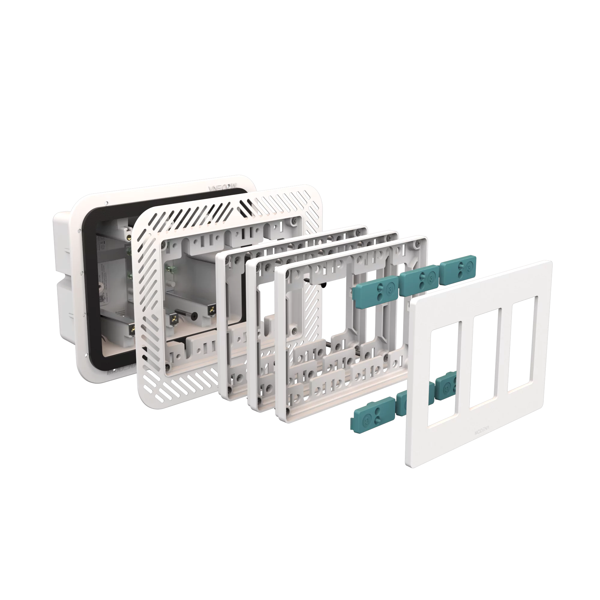 Exploded view of CONCEAL 3-gang flush mount system with gasket for Decora switches and outlets in 3/4-1 inch solid surfaces