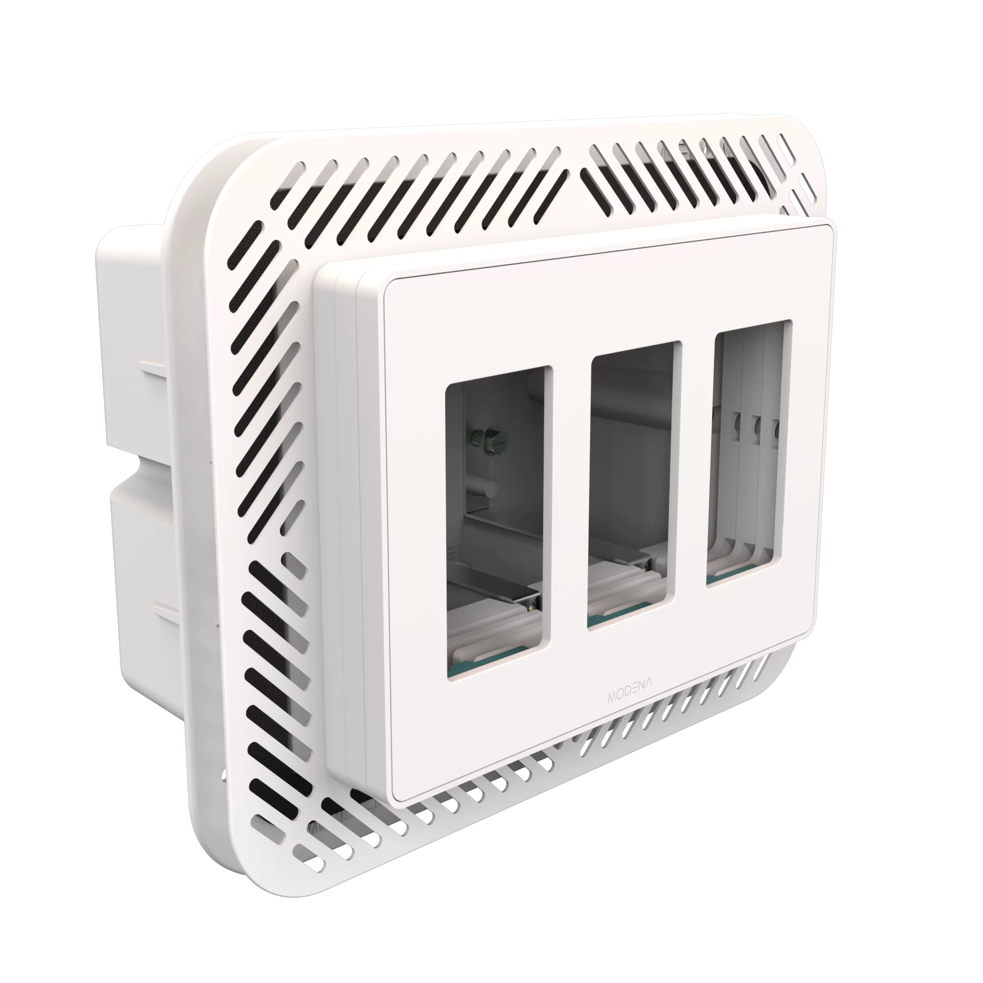 Angle view of CONCEAL 3-gang flush mount system with gasket for Decora switches and outlets in 3/4-1 inch solid surfaces