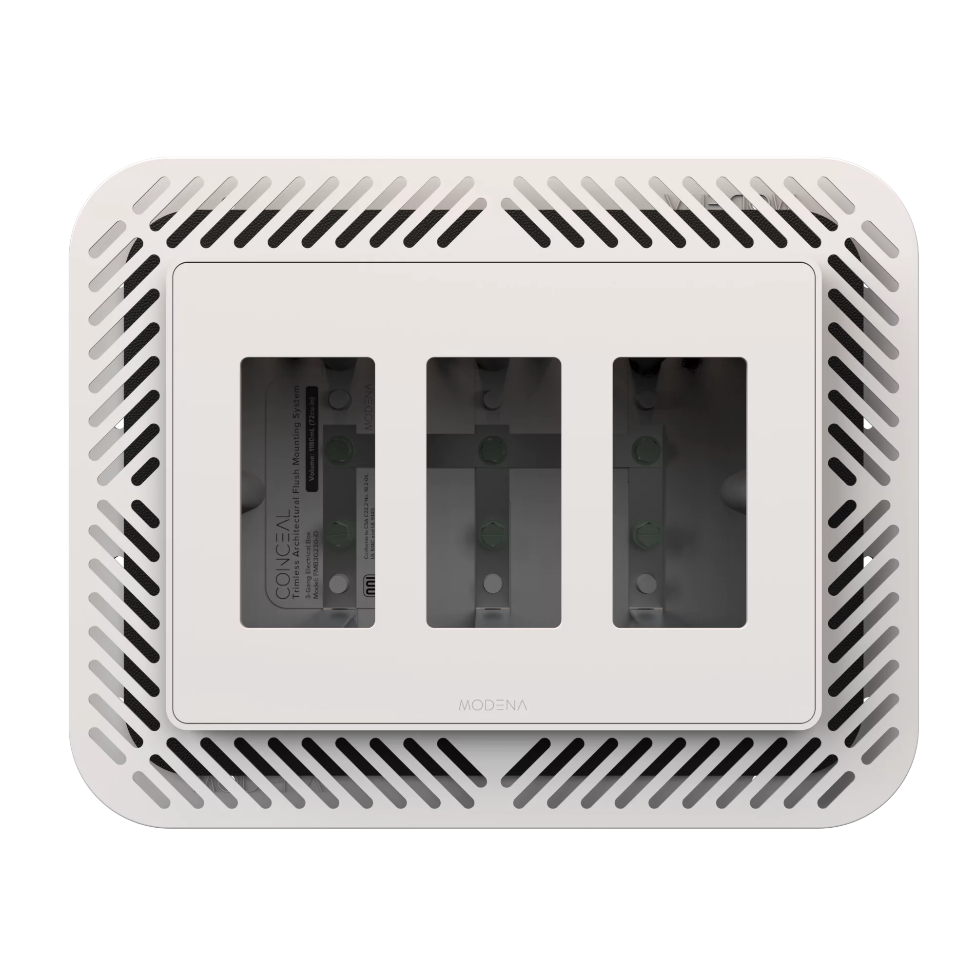 Front view of CONCEAL 3-gang flush mount system with gasket for Decora switches and outlets in solid surfaces
