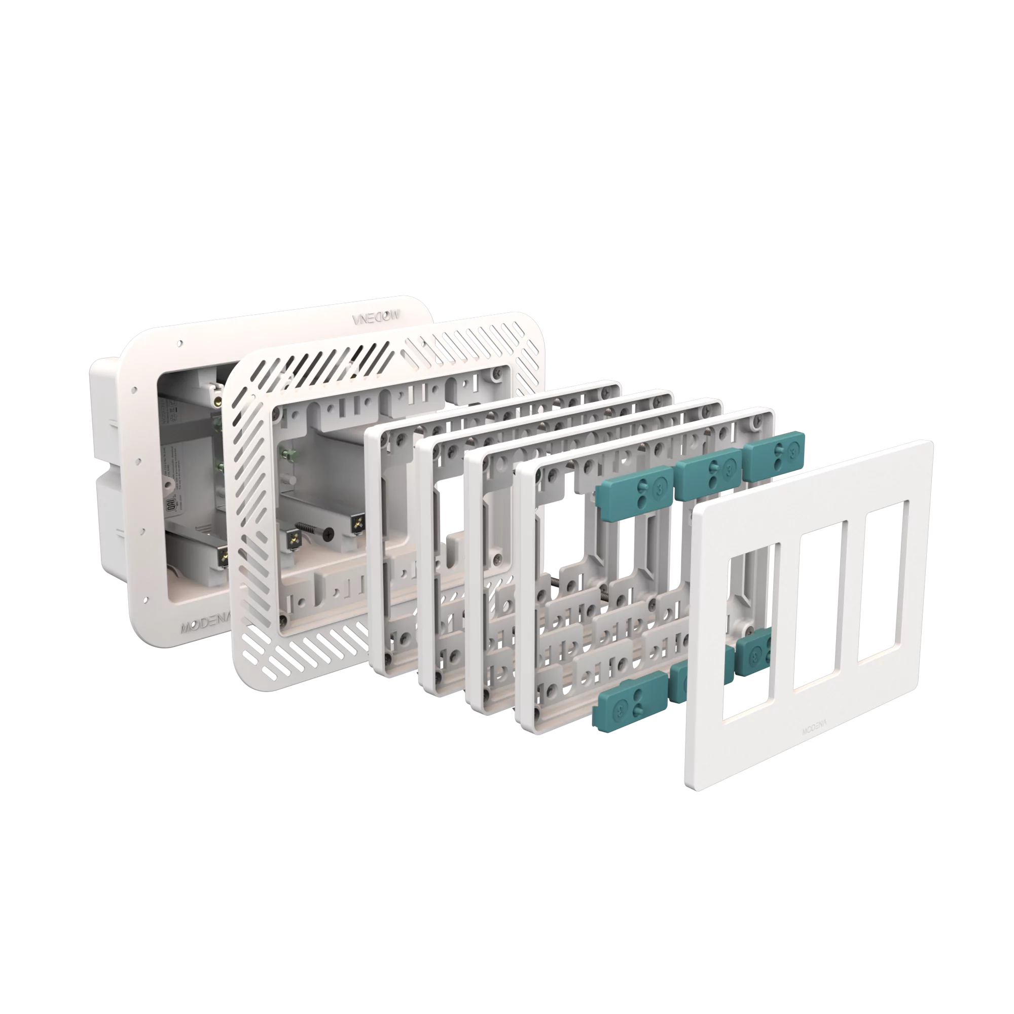 Exploded view of CONCEAL 3-gang flush mount system for Decora switches and outlets in 1-1 1/4 inch solid surfaces