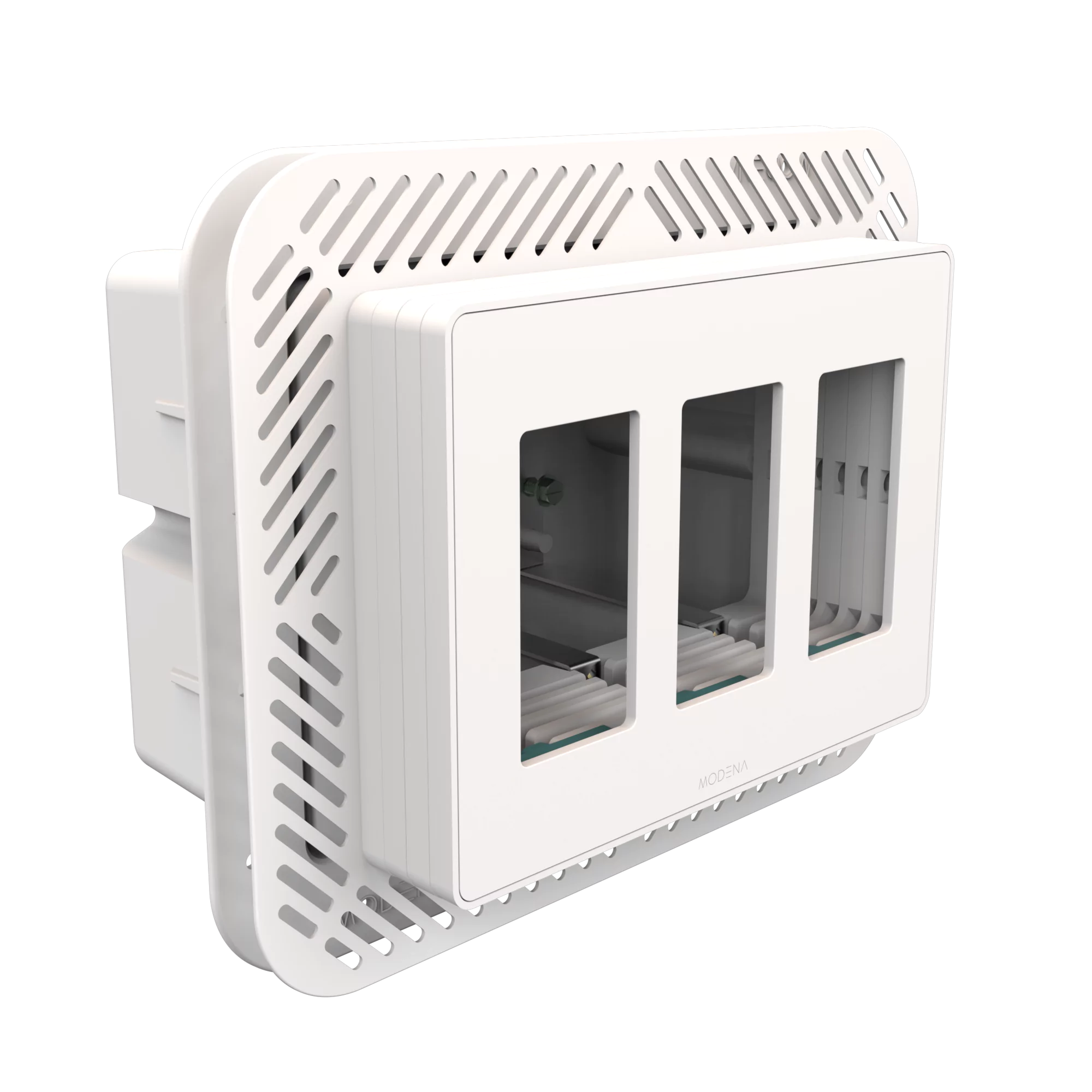 Angle view of CONCEAL 3-gang flush mount system for Decora switches and outlets in 1-1 1/4 inch solid surfaces