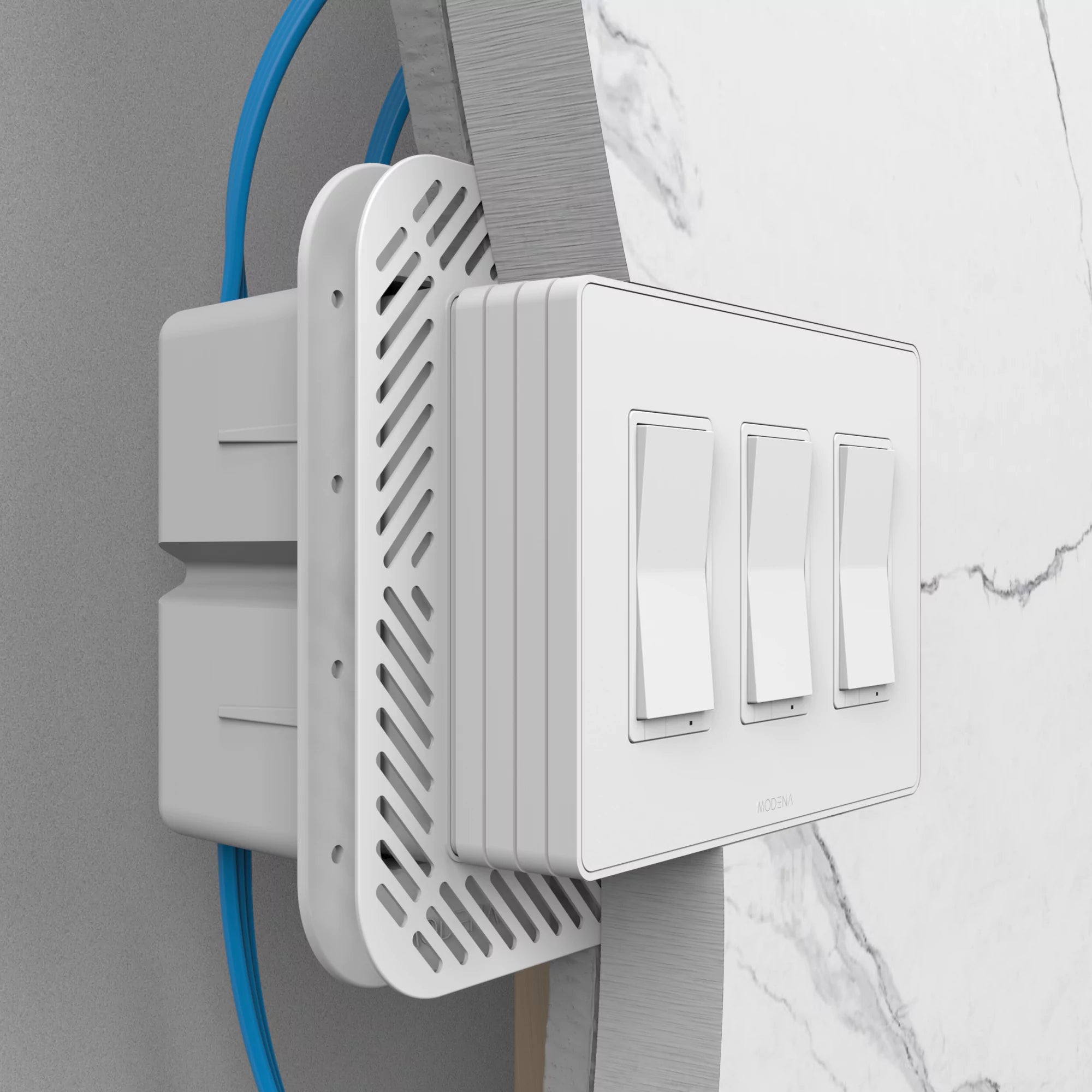 Cross-sectioned view of CONCEAL 3-gang flush mount system for Decora switches and outlets installed in 1 inch solid surface