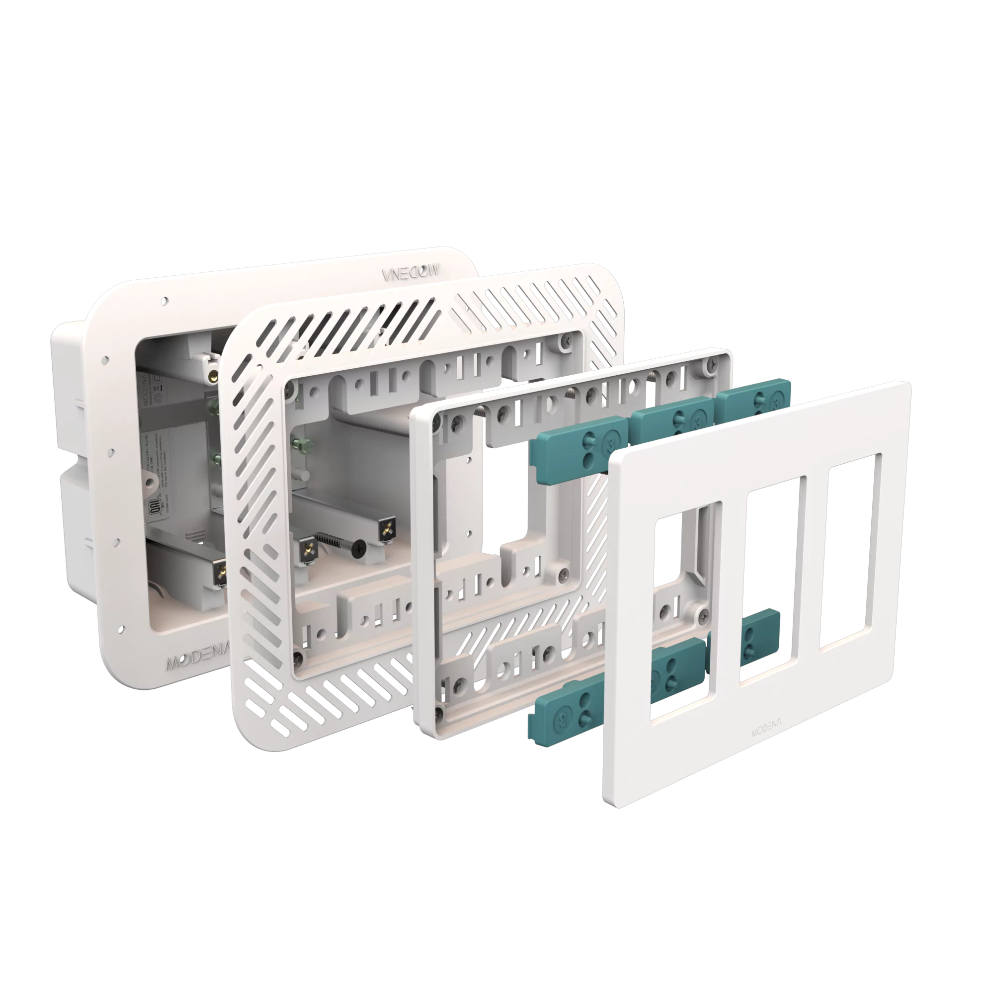 Exploded view of CONCEAL 3-gang flush mount system for Decora switches and outlets in 1/4-1/2 inch solid surfaces