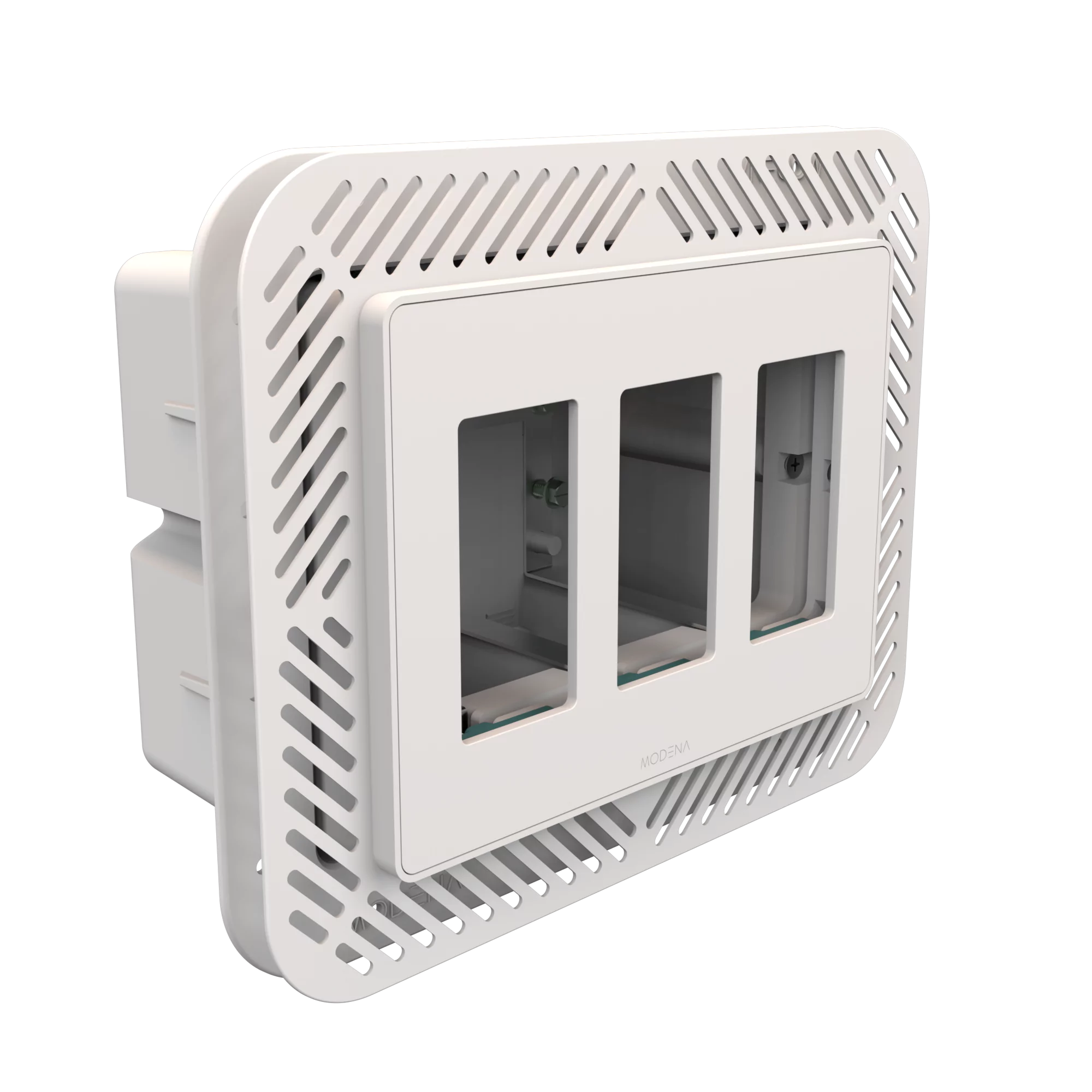Angle view of CONCEAL 3-gang flush mount system for Decora switches and outlets in 1/4-1/2 inch solid surfaces