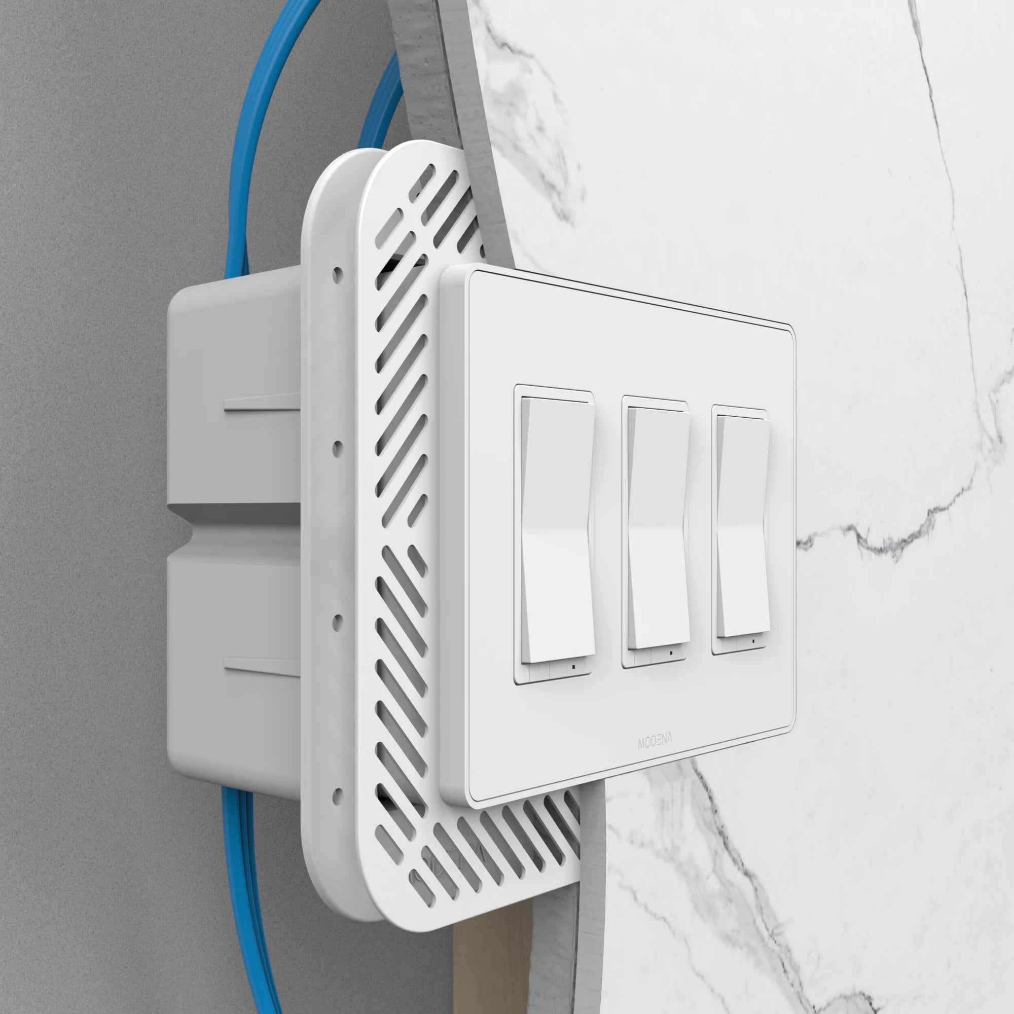 Cross-sectioned view of CONCEAL 3-gang flush mount system for Decora switches and outlets installed in 1/4 inch solid surface