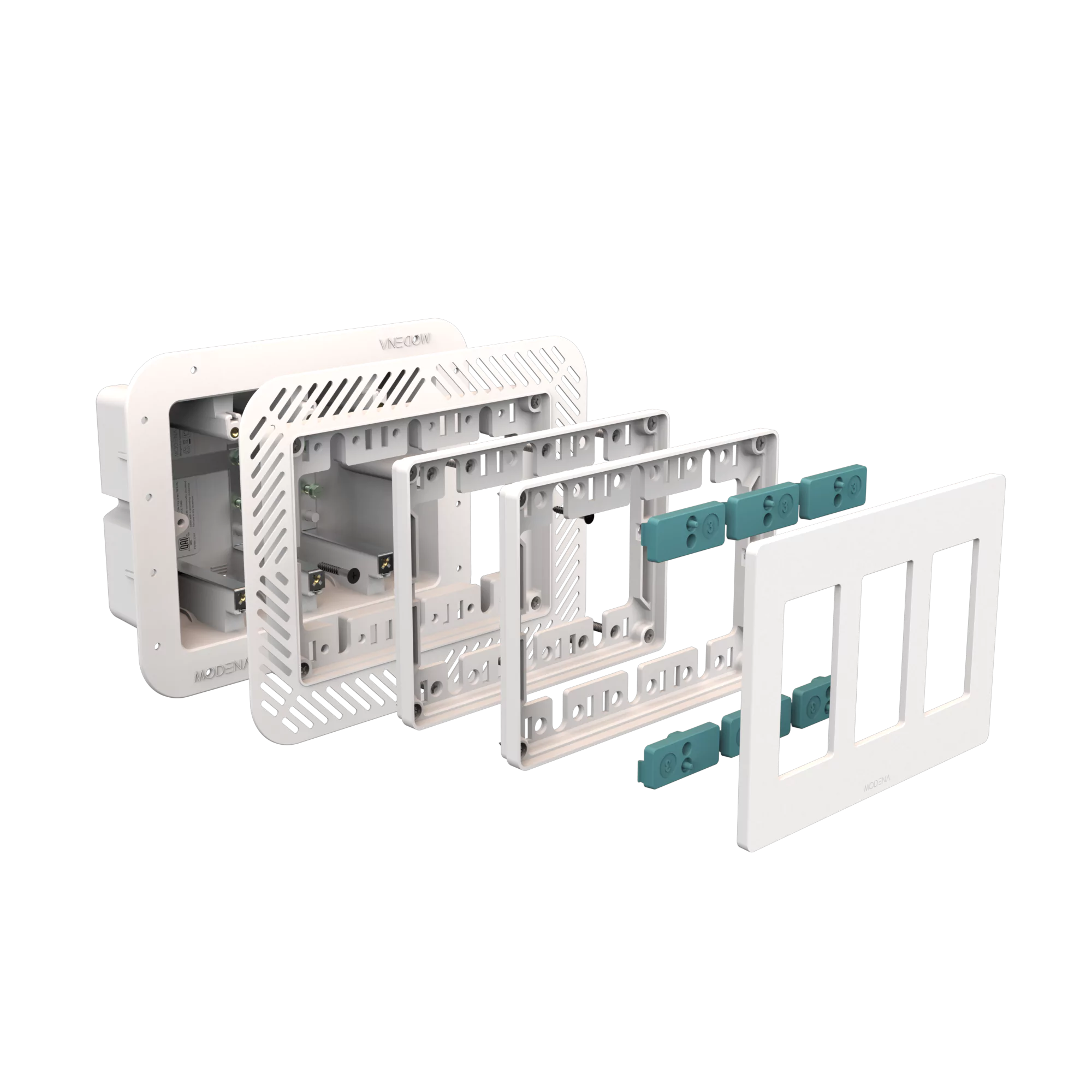 Exploded view of CONCEAL 3-gang flush mount system for Decora switches and outlets in 1/2-3/4 inch solid surfaces