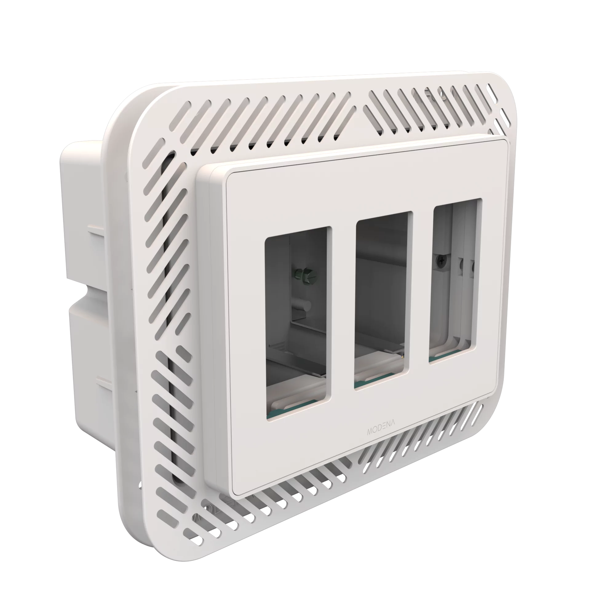 Angle view of CONCEAL 3-gang flush mount system for Decora switches and outlets in 1/2-3/4 inch solid surfaces