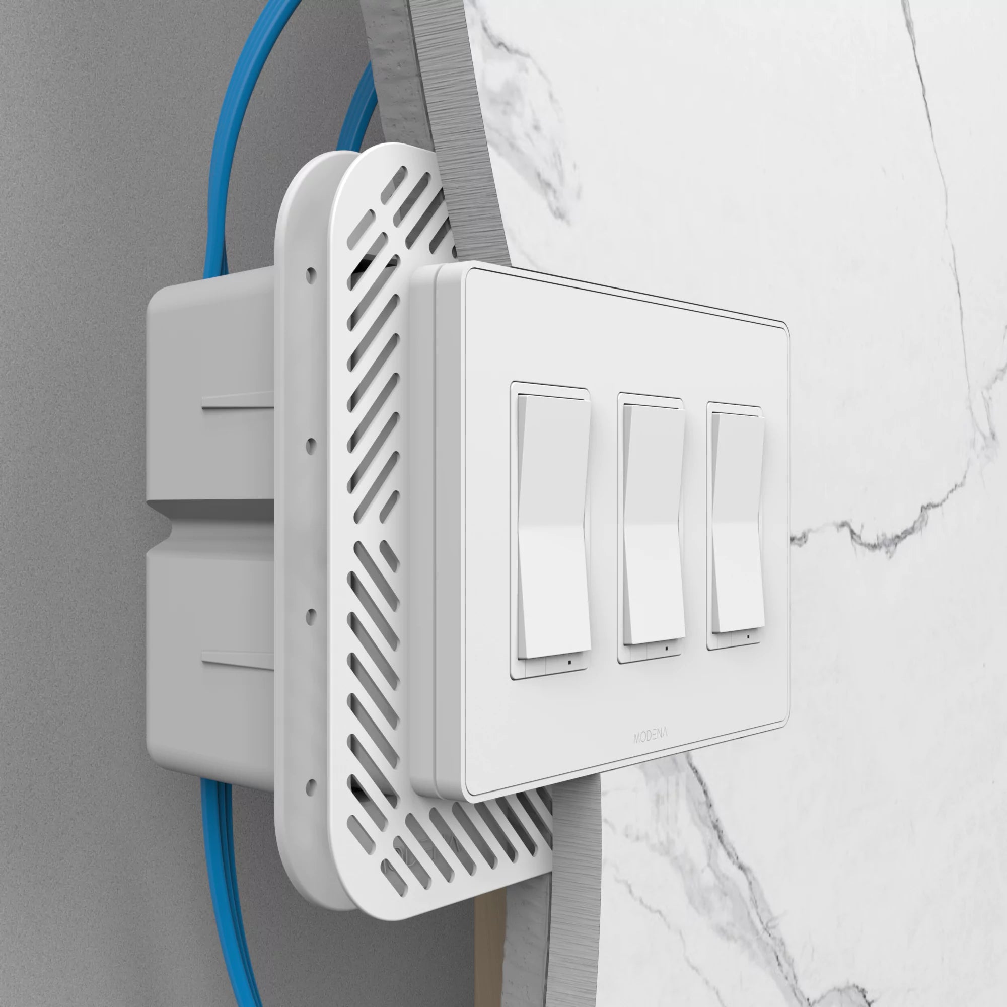 Cross-sectioned view of CONCEAL 3-gang flush mount system for Decora switches and outlets installed in 1/2 inch solid surface