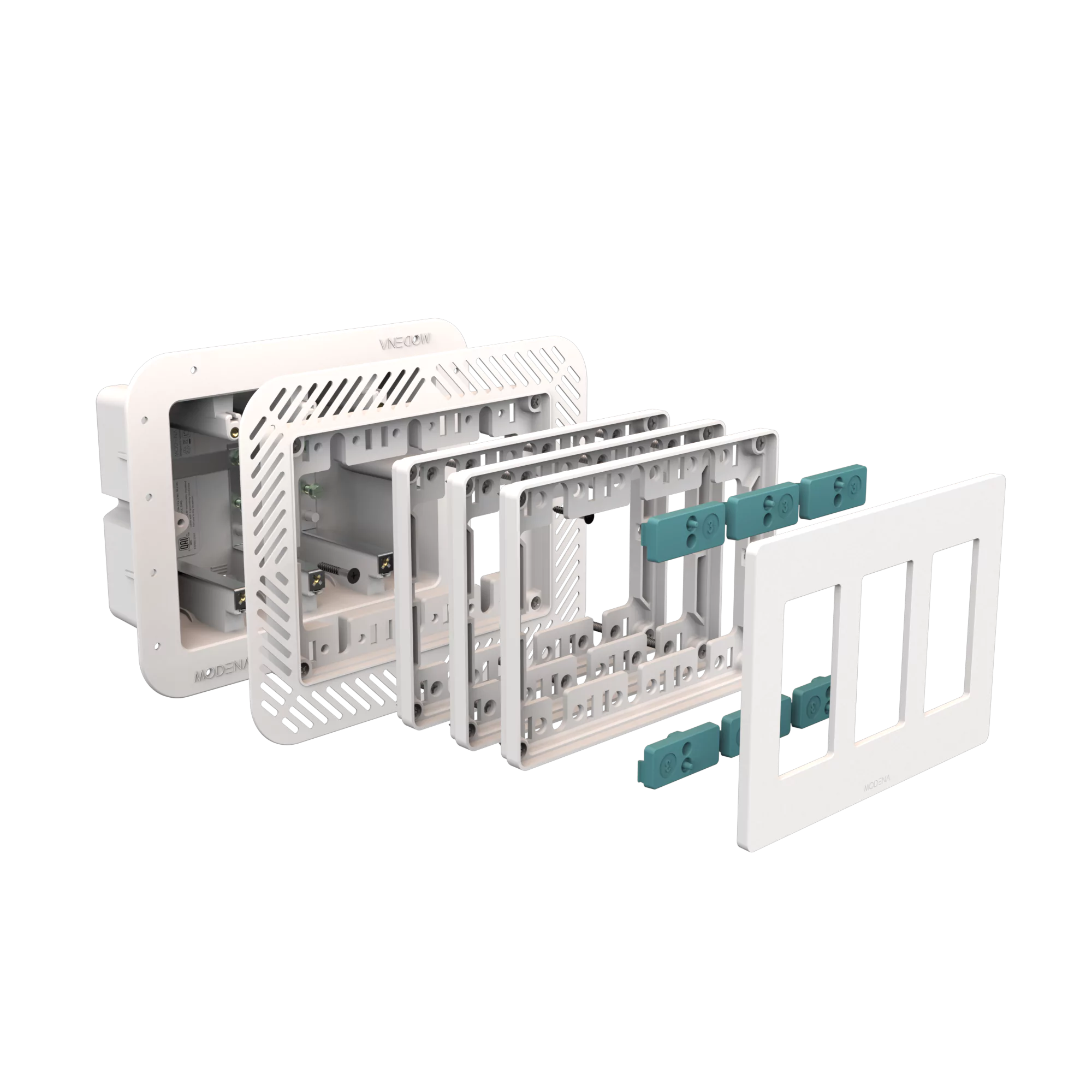 Exploded view of CONCEAL 3-gang flush mount system for Decora switches and outlets in 3/4-1 inch solid surfaces