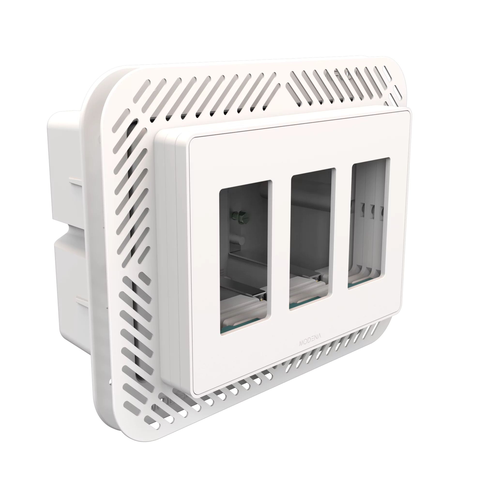 Angle view of CONCEAL 3-gang flush mount system for Decora switches and outlets in 3/4-1 inch solid surfaces