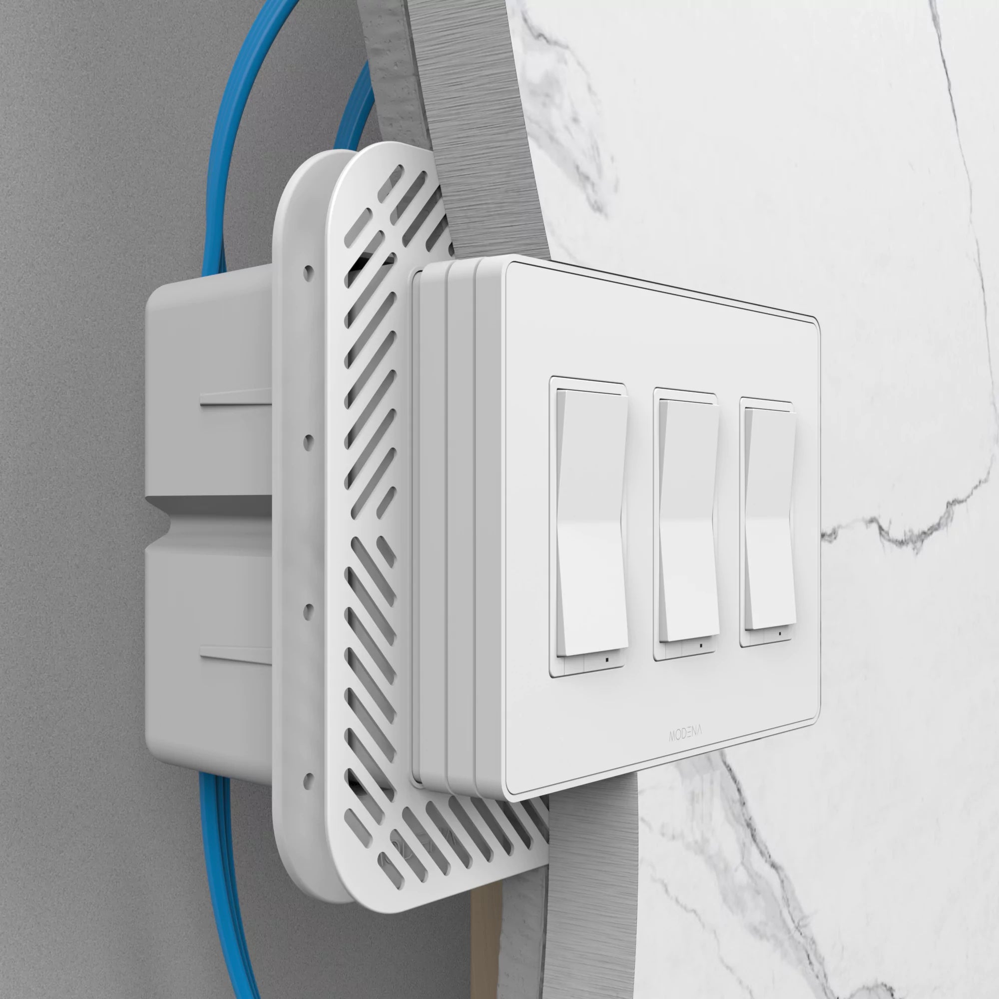 Cross-sectioned view of CONCEAL 3-gang flush mount system for Decora switches and outlets installed in 3/4 inch solid surface